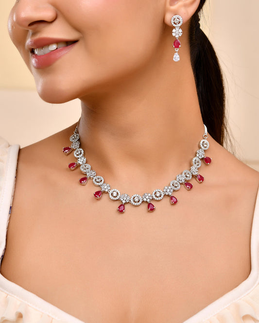 VOJ Silver Plated AD Studded Circular Shape Jewellery Set VOJ (Valley Of Jewellery)