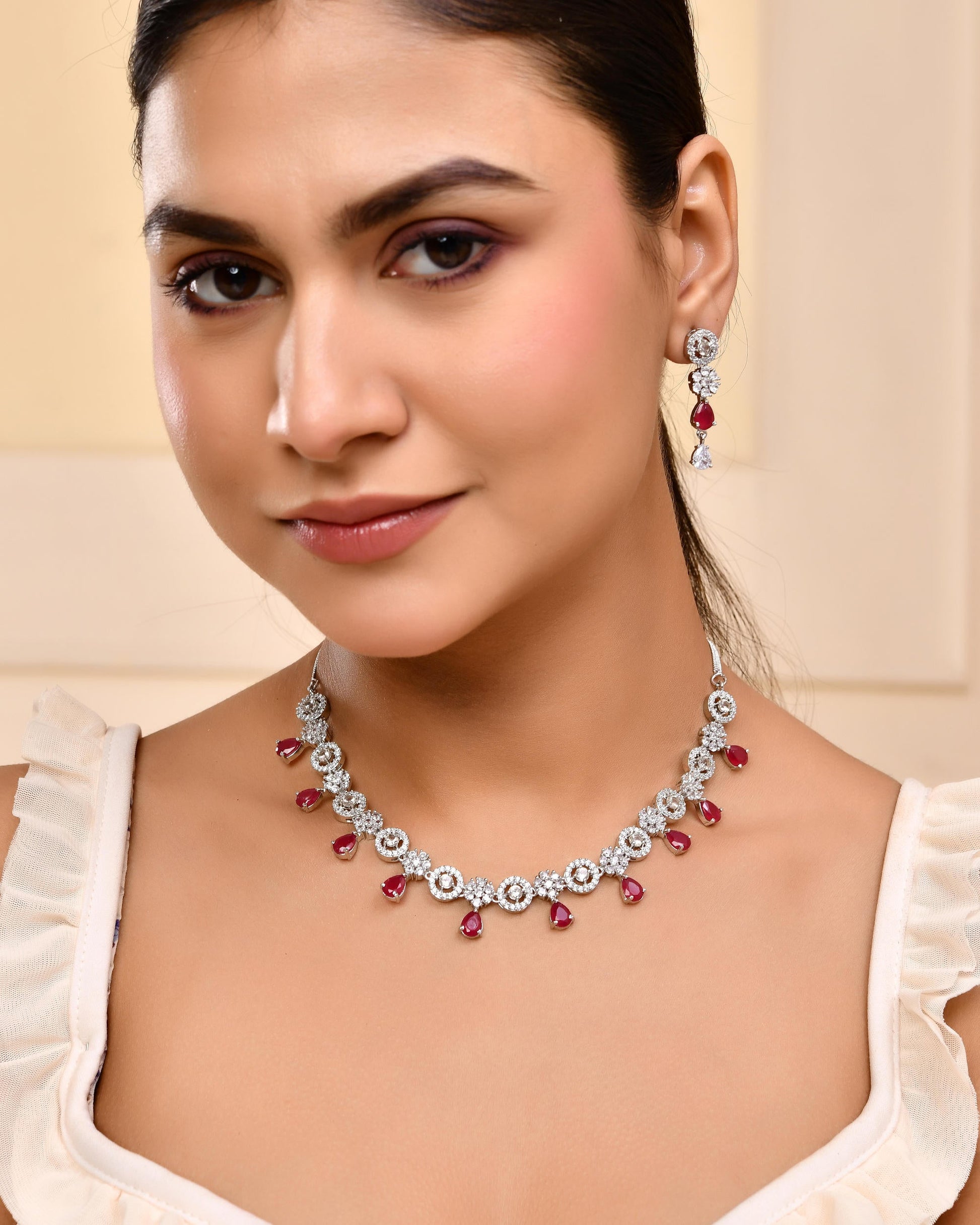 VOJ Silver Plated AD Studded Circular Shape Jewellery Set VOJ (Valley Of Jewellery)