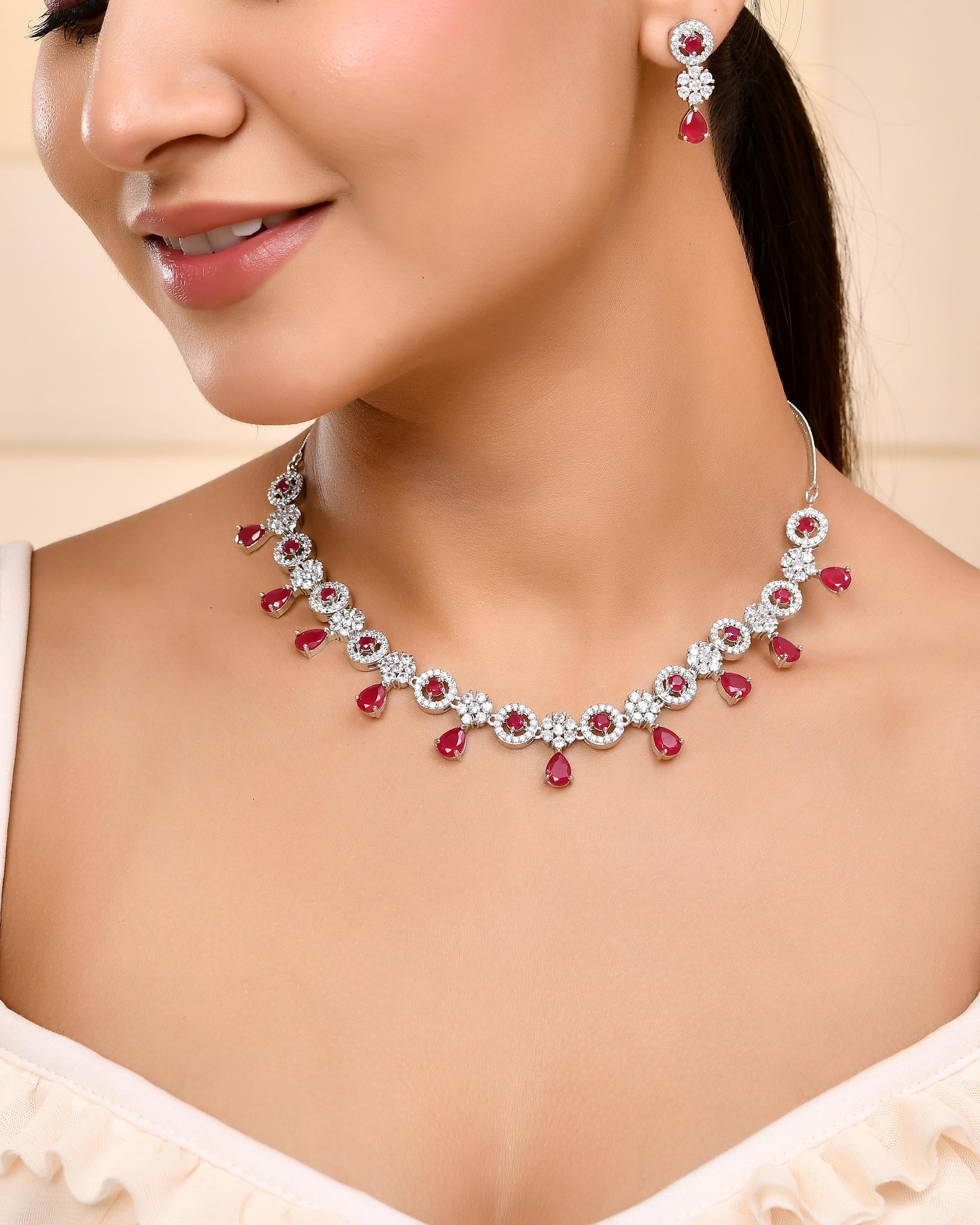 VOJ Silver Plated White And Marron AD Studded Circular Shape Jewellery Set VOJ (Valley Of Jewellery)