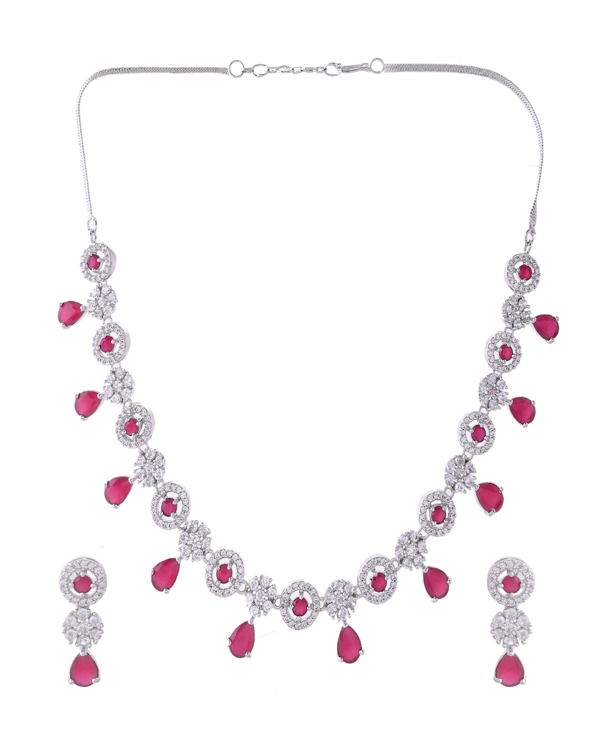 VOJ Silver Plated White And Marron AD Studded Circular Shape Jewellery Set VOJ (Valley Of Jewellery)