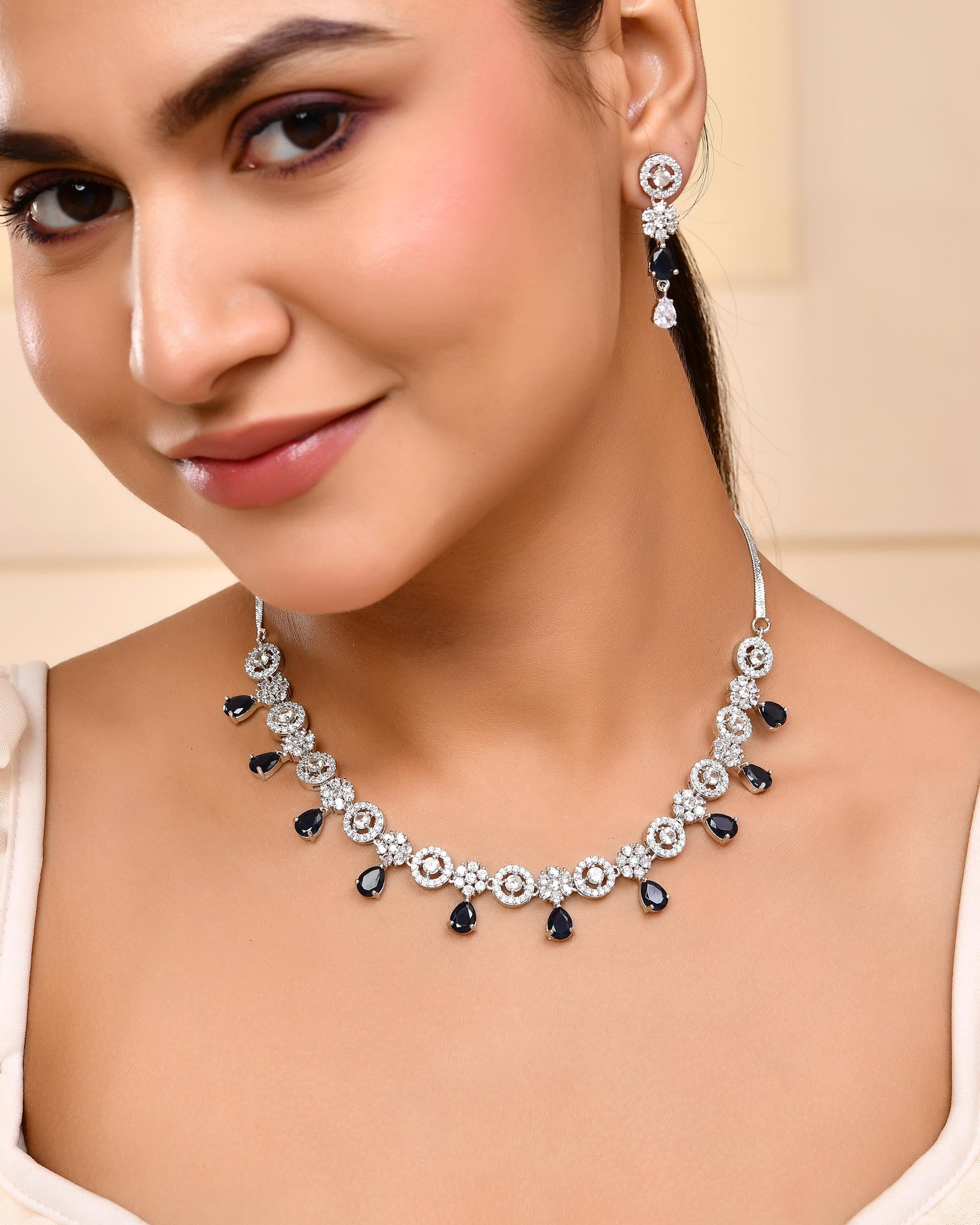 VOJ Silver Plated AD Studded Circular Shape With Black Stones Jewellery Set VOJ (Valley Of Jewellery)