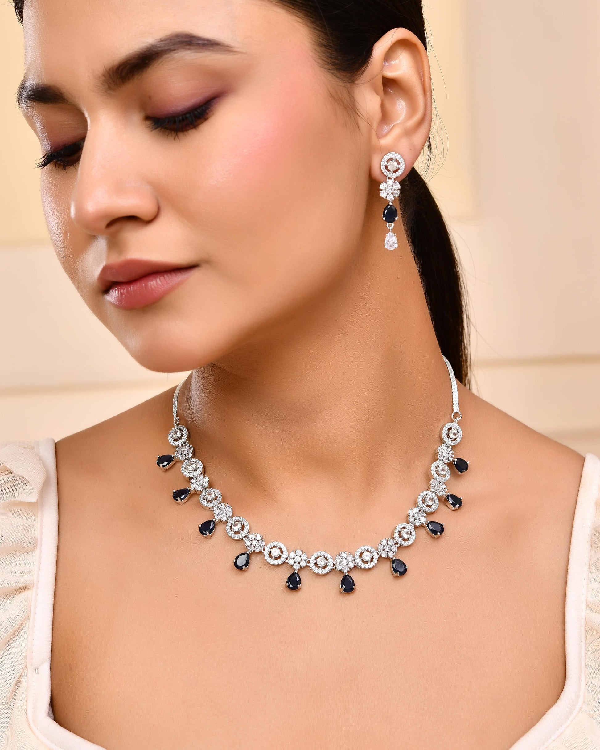 VOJ Silver Plated AD Studded Circular Shape With Black Stones Jewellery Set VOJ (Valley Of Jewellery)