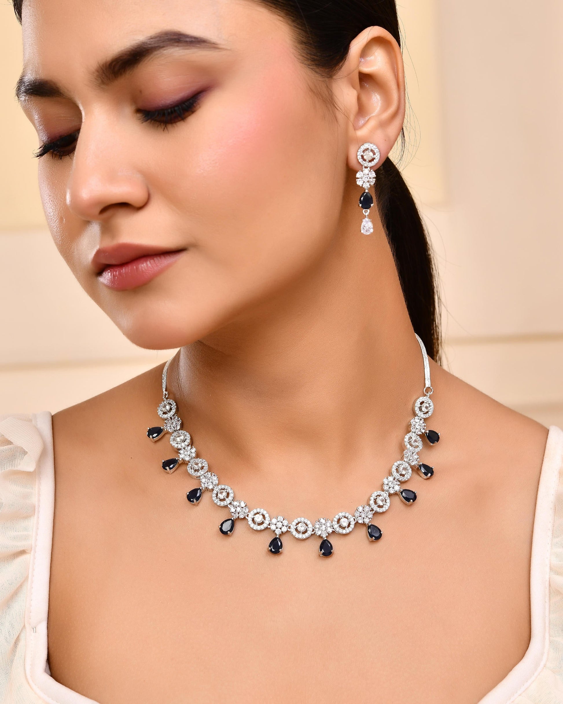 VOJ Silver Plated AD Studded Circular Shape With Black Stones Jewellery Set - Swadesiicart