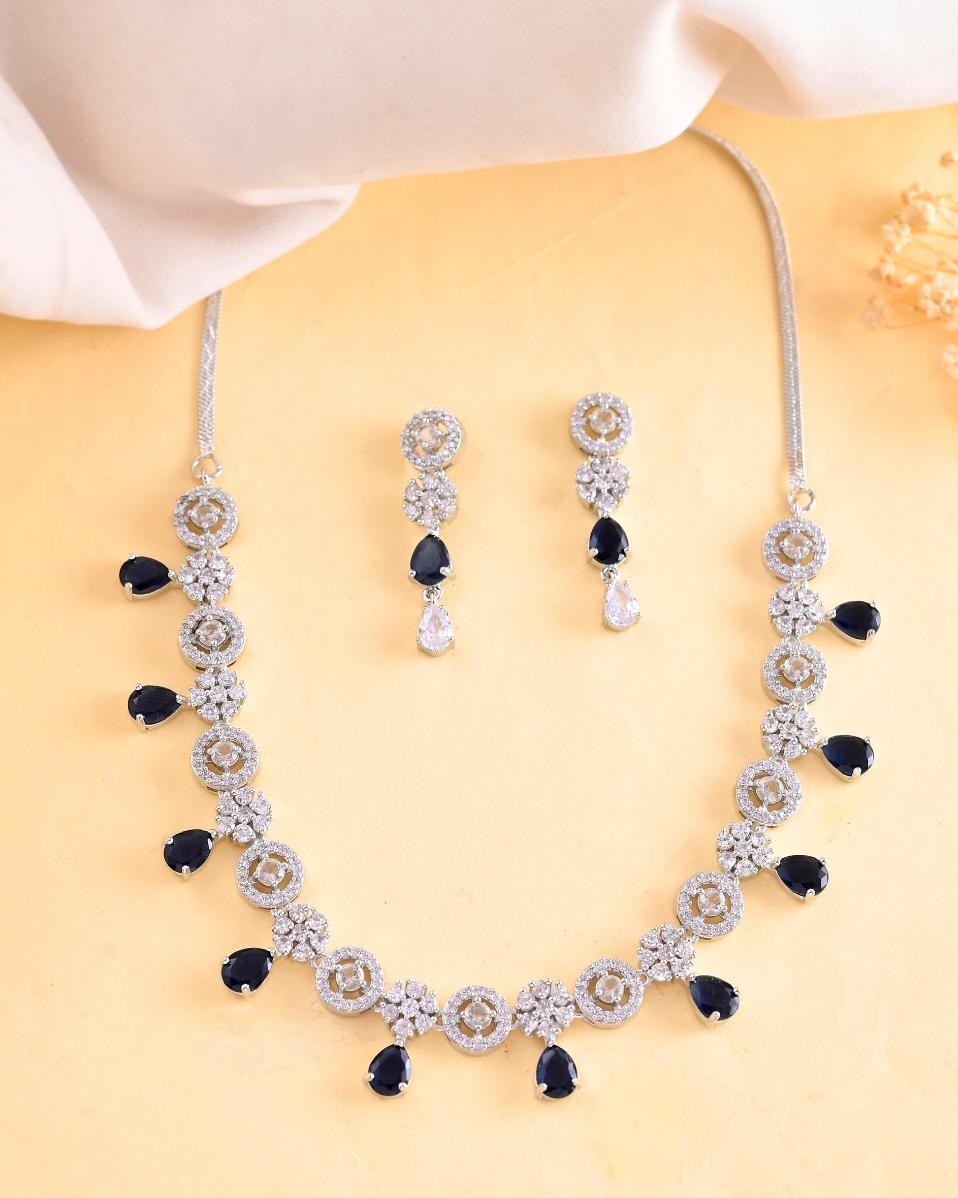 VOJ Silver Plated AD Studded Circular Shape With Black Stones Jewellery Set VOJ (Valley Of Jewellery)