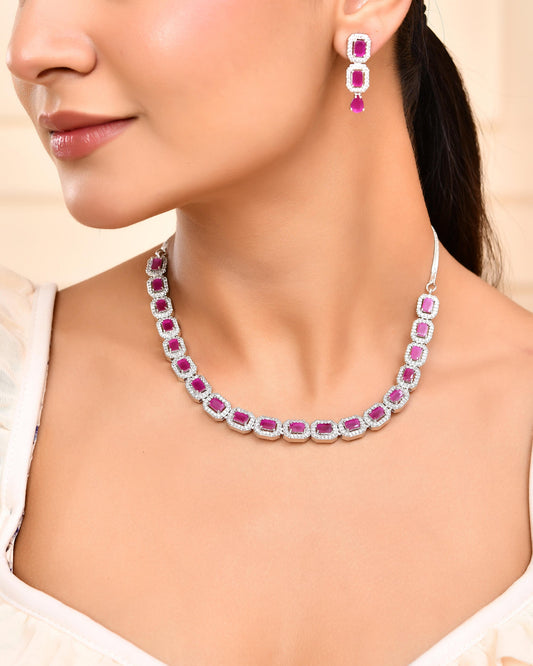 VOJ Silver Plated Pink Stone Studded Rectangular AD Jewellery Set VOJ (Valley Of Jewellery)