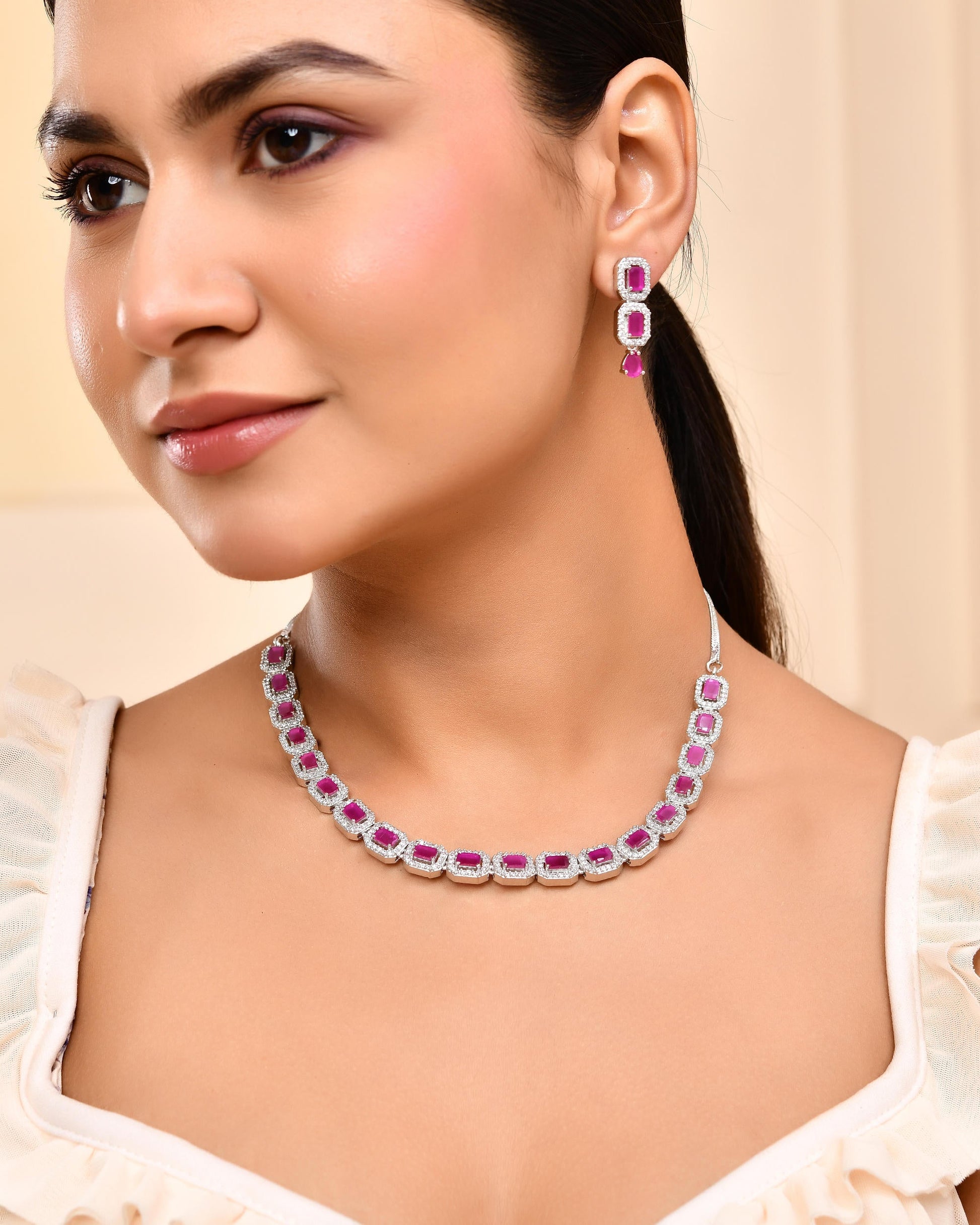 VOJ Silver Plated Pink Stone Studded Rectangular AD Jewellery Set VOJ (Valley Of Jewellery)