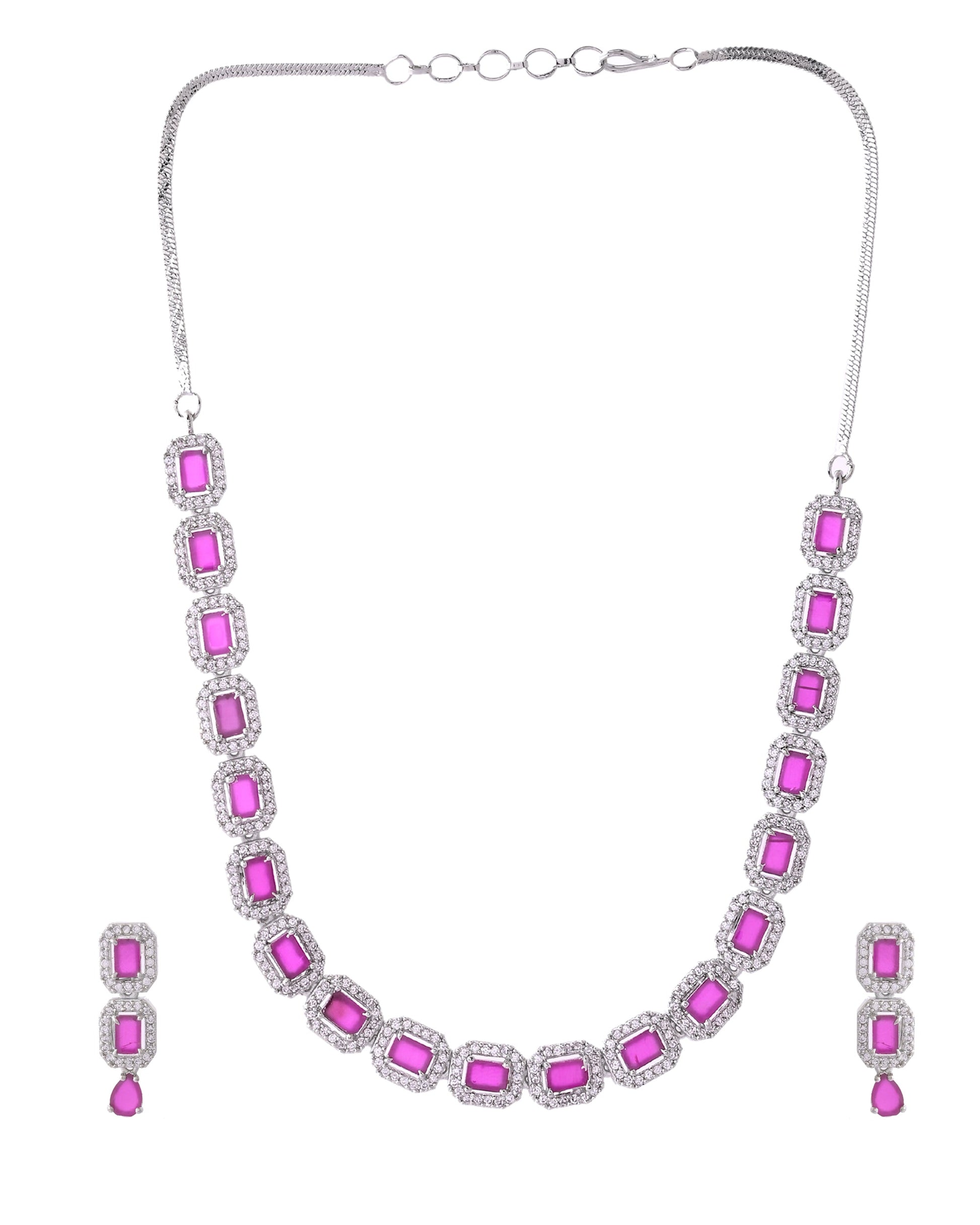 VOJ Silver Plated Pink Stone Studded Rectangular AD Jewellery Set VOJ (Valley Of Jewellery)