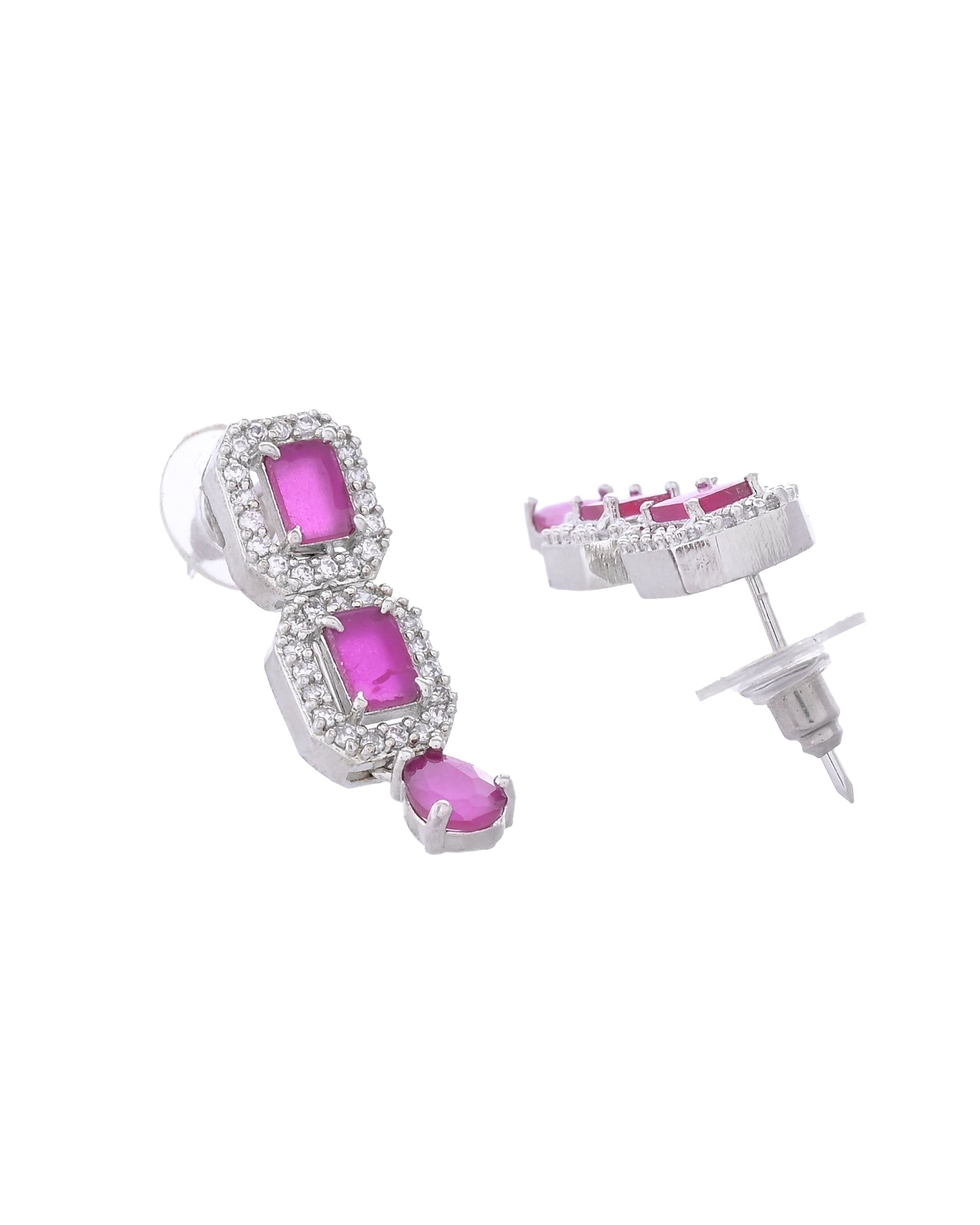VOJ Silver Plated Pink Stone Studded Rectangular AD Jewellery Set VOJ (Valley Of Jewellery)