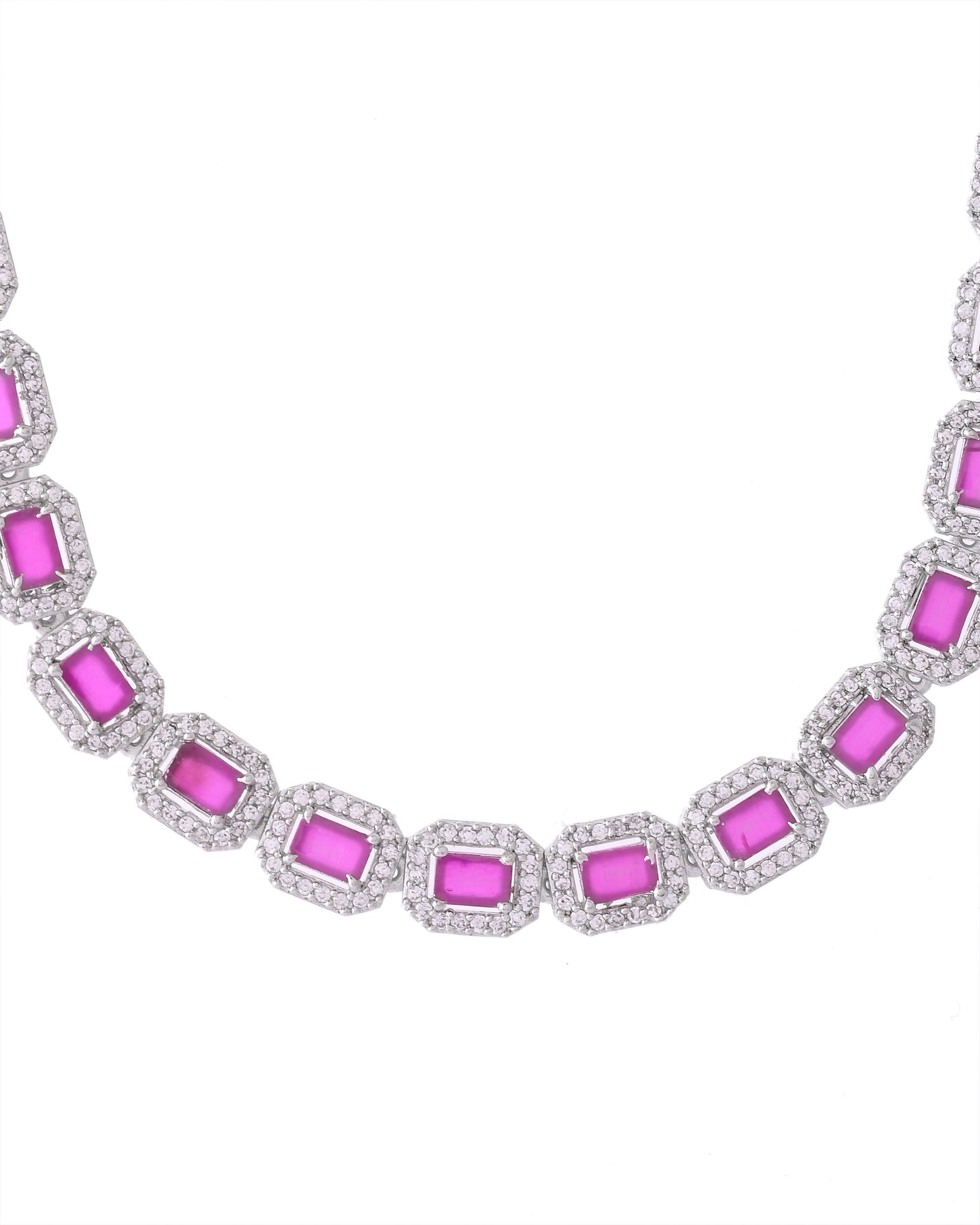 VOJ Silver Plated Pink Stone Studded Rectangular AD Jewellery Set VOJ (Valley Of Jewellery)