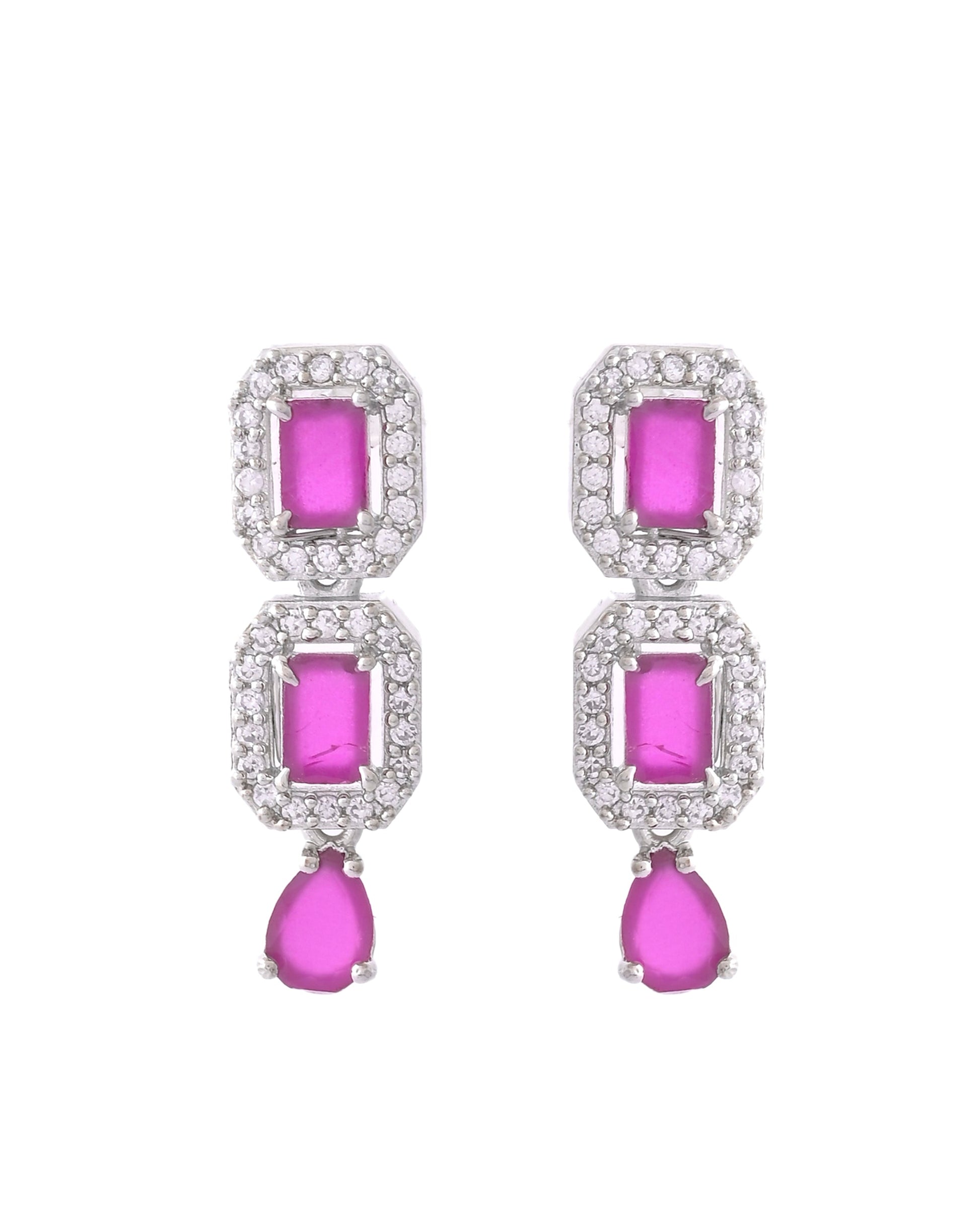 VOJ Silver Plated Pink Stone Studded Rectangular AD Jewellery Set VOJ (Valley Of Jewellery)