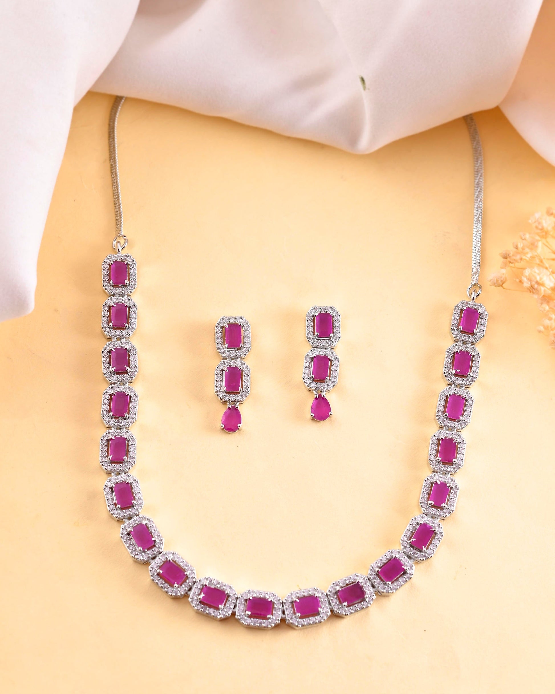 VOJ Silver Plated Pink Stone Studded Rectangular AD Jewellery Set VOJ (Valley Of Jewellery)