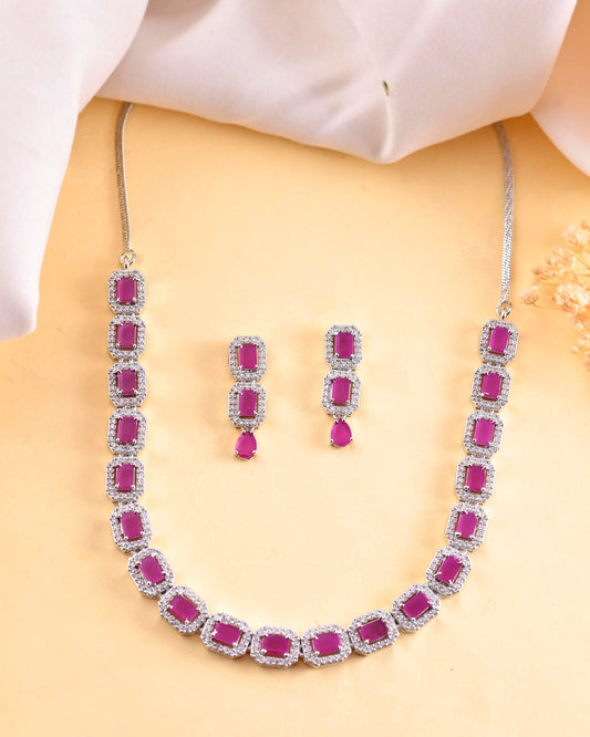 VOJ Silver Plated Pink Stone Studded Rectangular AD Jewellery Set VOJ (Valley Of Jewellery)
