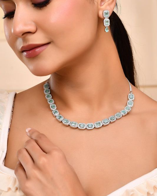 VOJ Silver Plated Sea Green Stone Studded Rectangular AD Jewellery Set VOJ (Valley Of Jewellery)
