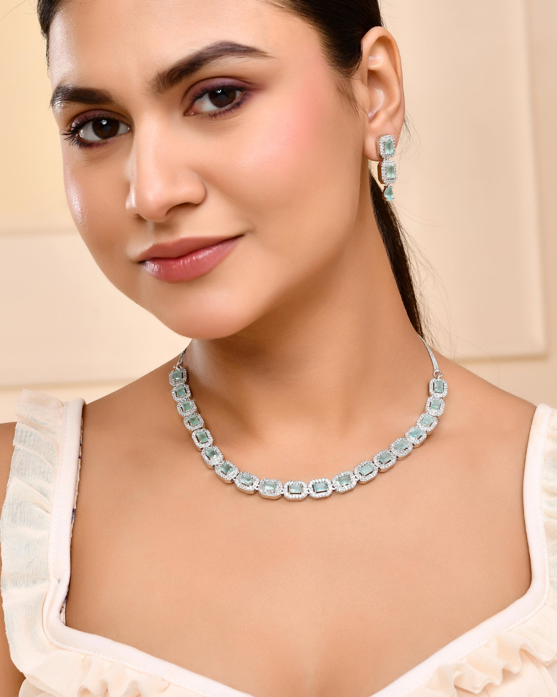 VOJ Silver Plated Sea Green Stone Studded Rectangular AD Jewellery Set VOJ (Valley Of Jewellery)
