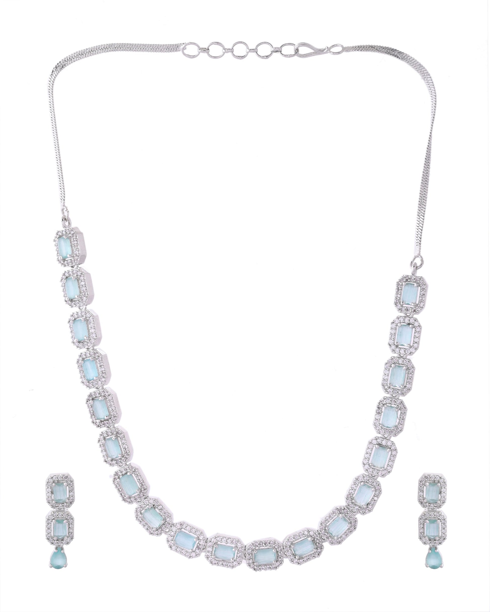 VOJ Silver Plated Sea Green Stone Studded Rectangular AD Jewellery Set VOJ (Valley Of Jewellery)