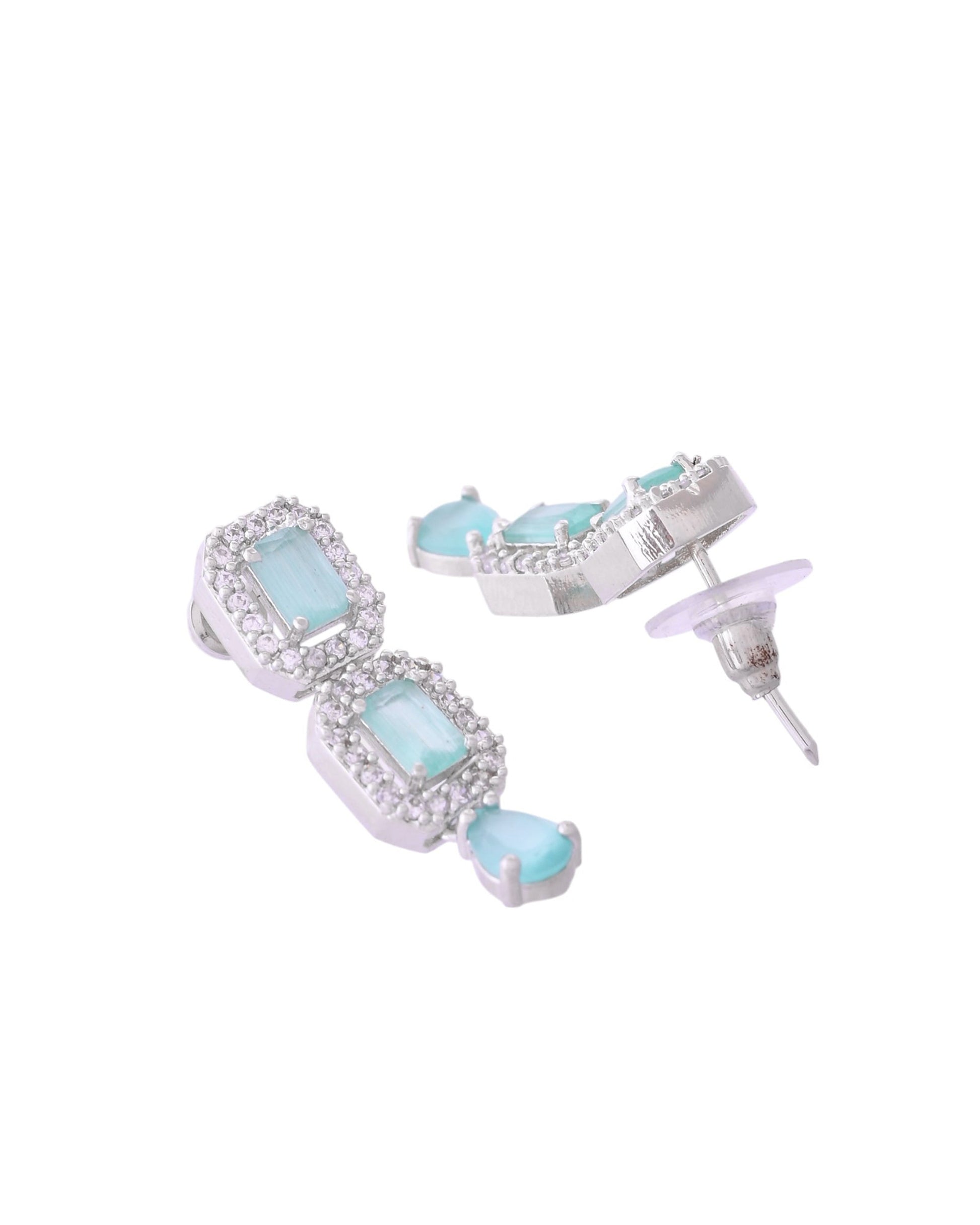 VOJ Silver Plated Sea Green Stone Studded Rectangular AD Jewellery Set