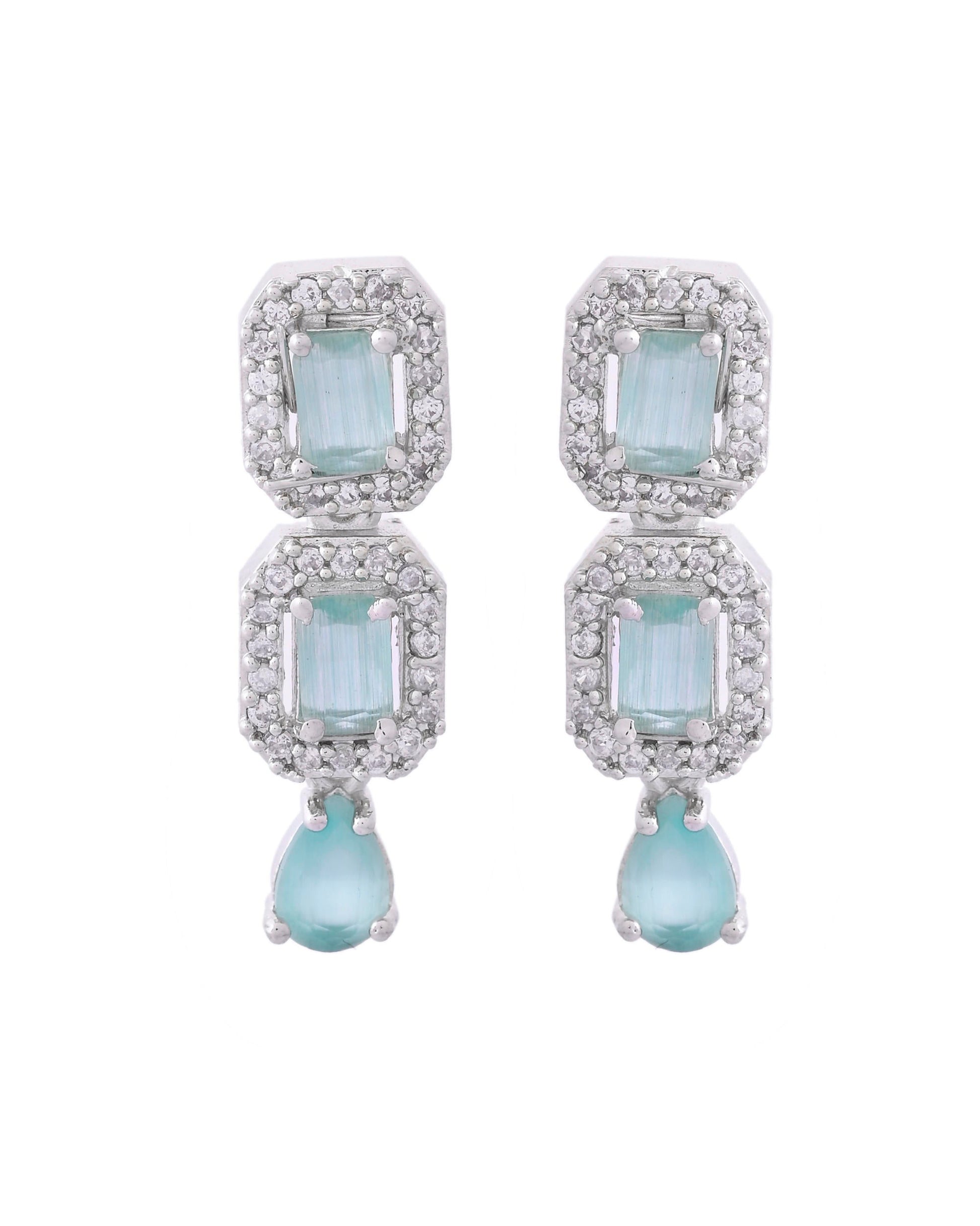 VOJ Silver Plated Sea Green Stone Studded Rectangular AD Jewellery Set VOJ (Valley Of Jewellery)