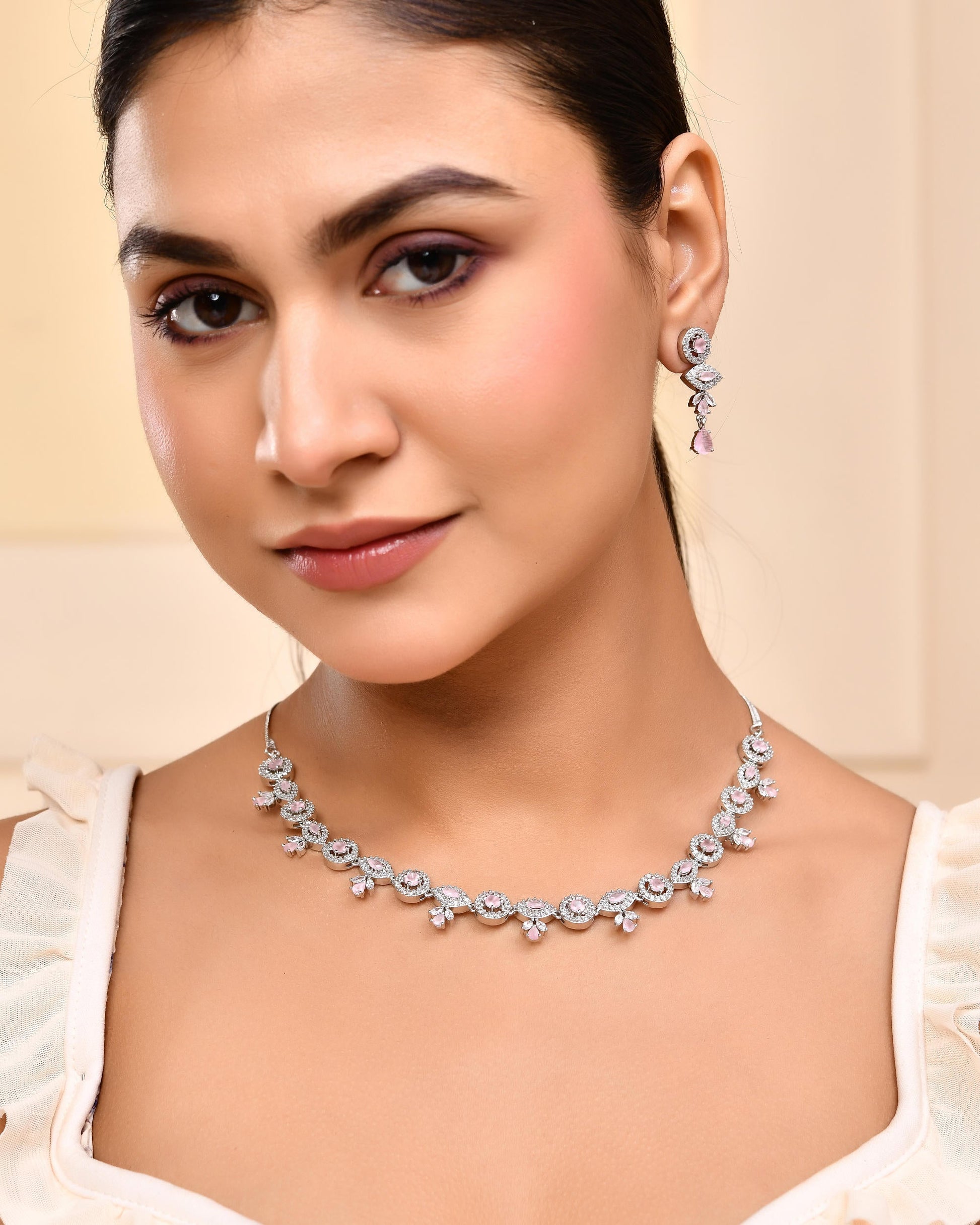 VOJ Silver Toned White And Baby Pink Stone Studded AD Jewellery Set VOJ (Valley Of Jewellery)