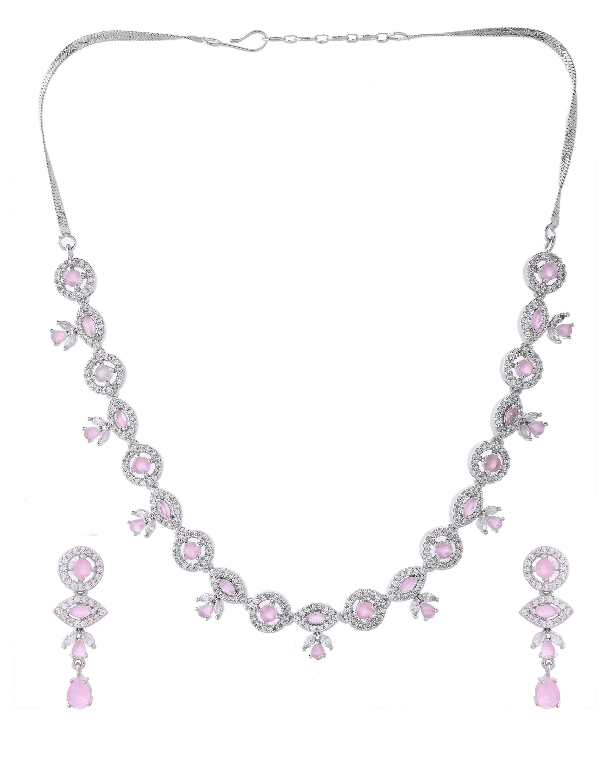 VOJ Silver Toned White And Baby Pink Stone Studded AD Jewellery Set VOJ (Valley Of Jewellery)