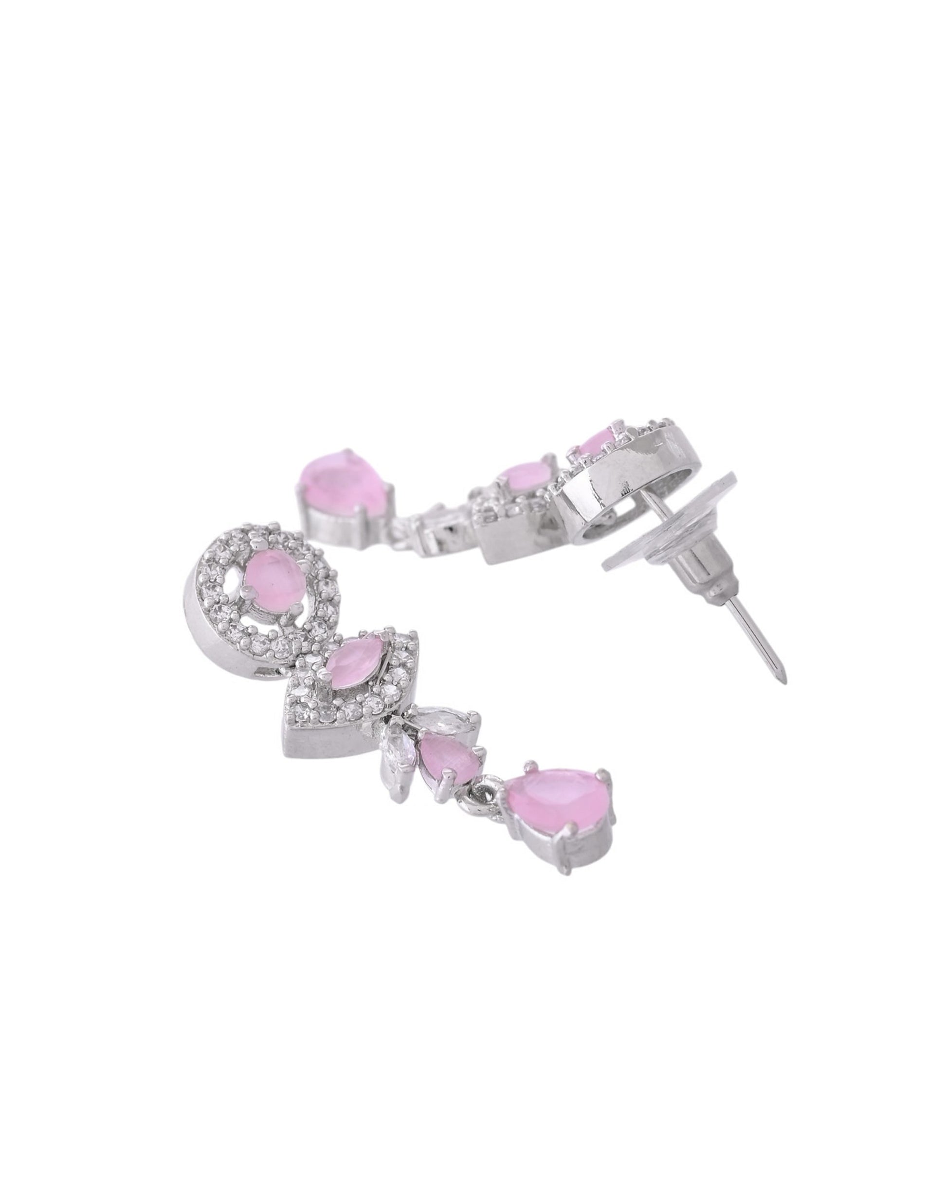 VOJ Silver Toned White And Baby Pink Stone Studded AD Jewellery Set VOJ (Valley Of Jewellery)