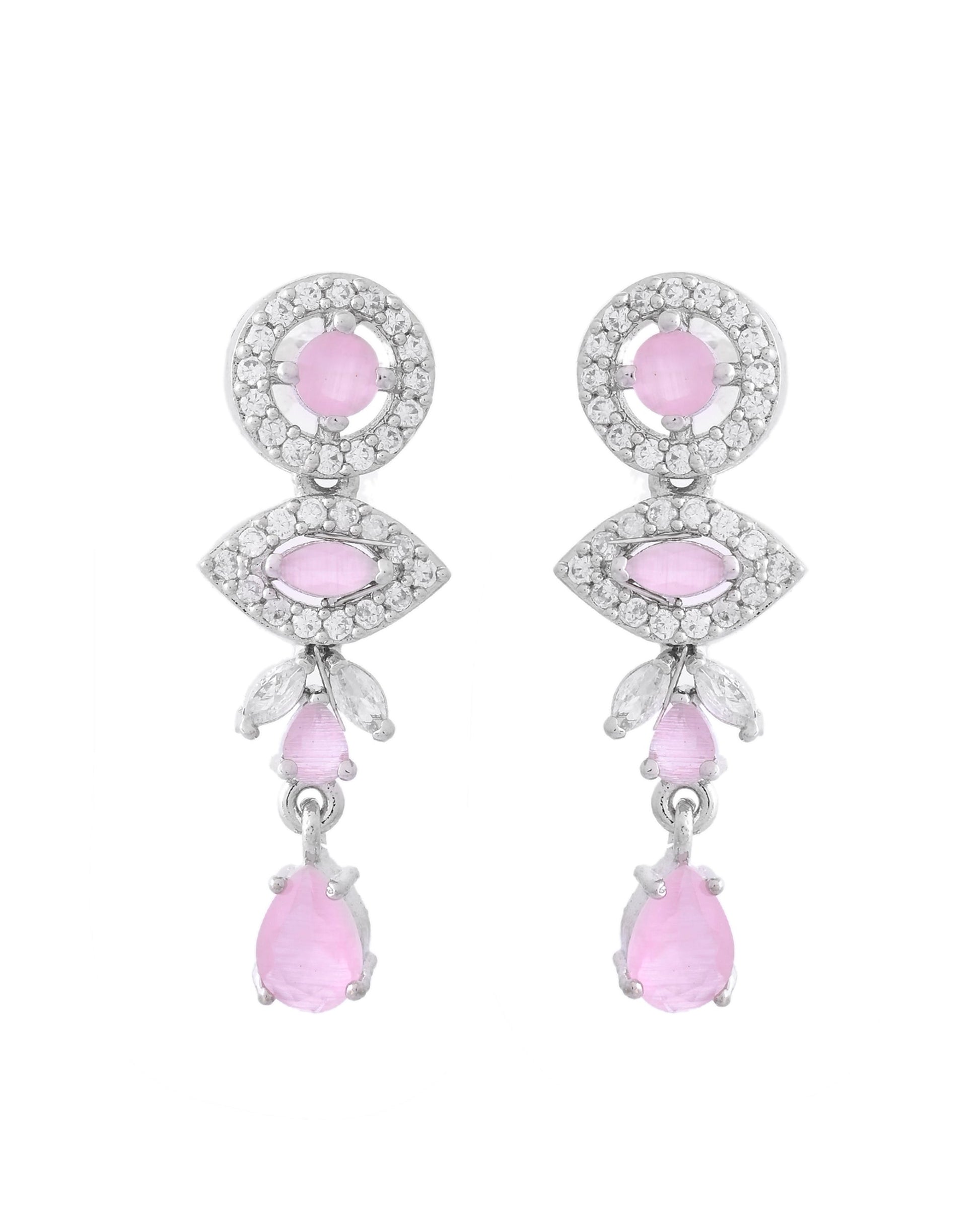 VOJ Silver Toned White And Baby Pink Stone Studded AD Jewellery Set VOJ (Valley Of Jewellery)