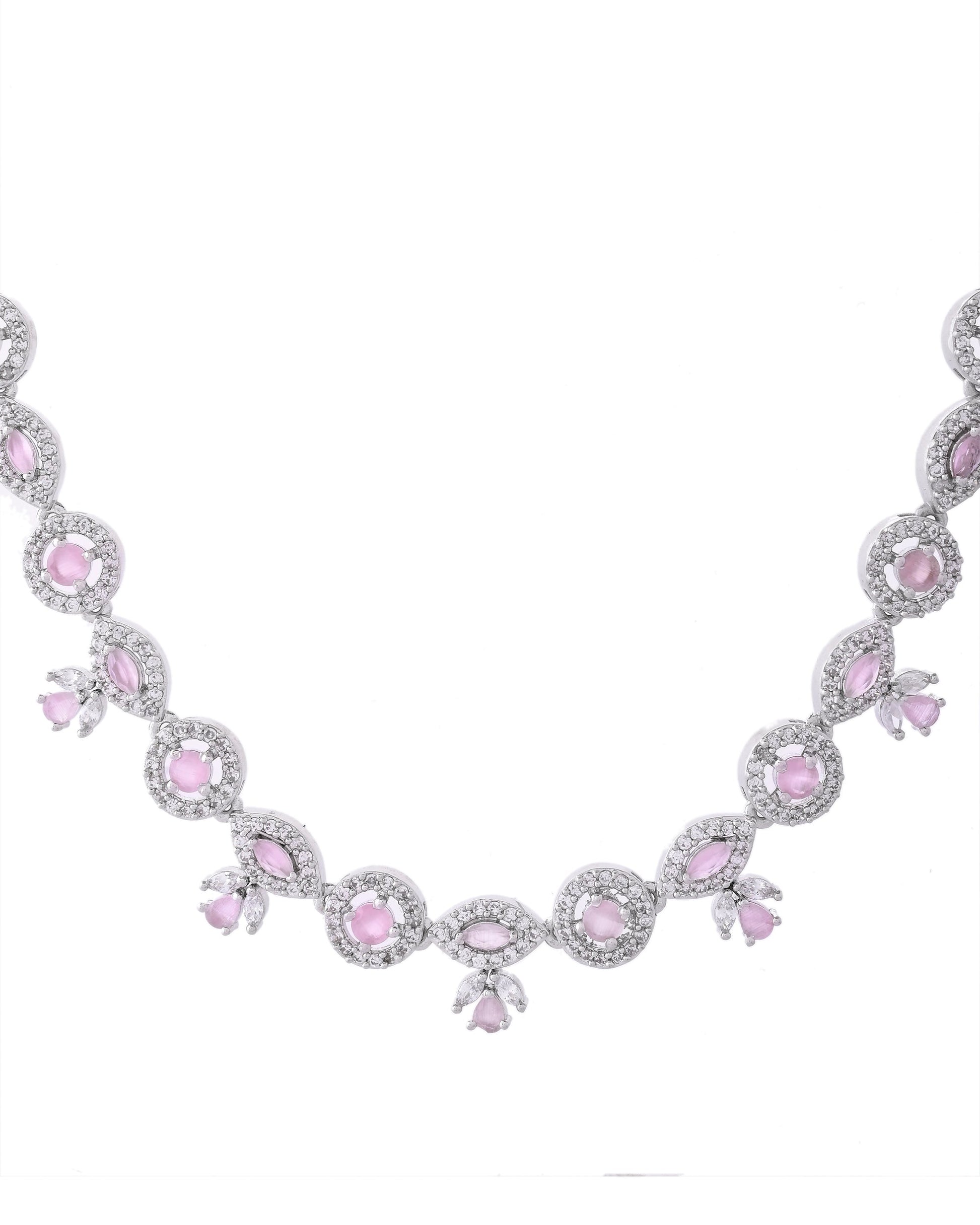 VOJ Silver Toned White And Baby Pink Stone Studded AD Jewellery Set VOJ (Valley Of Jewellery)