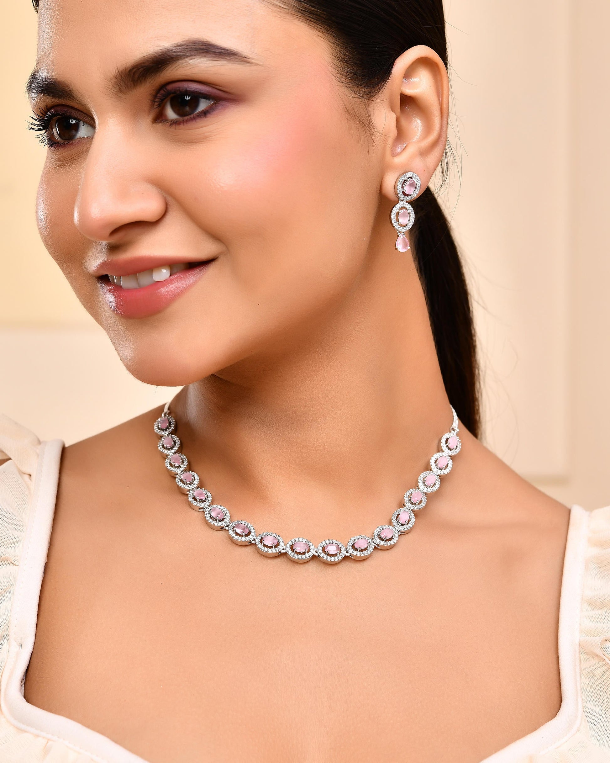 VOJ Silver Toned Baby Pink Stone Studded Circular AD Jewellery Set VOJ (Valley Of Jewellery)