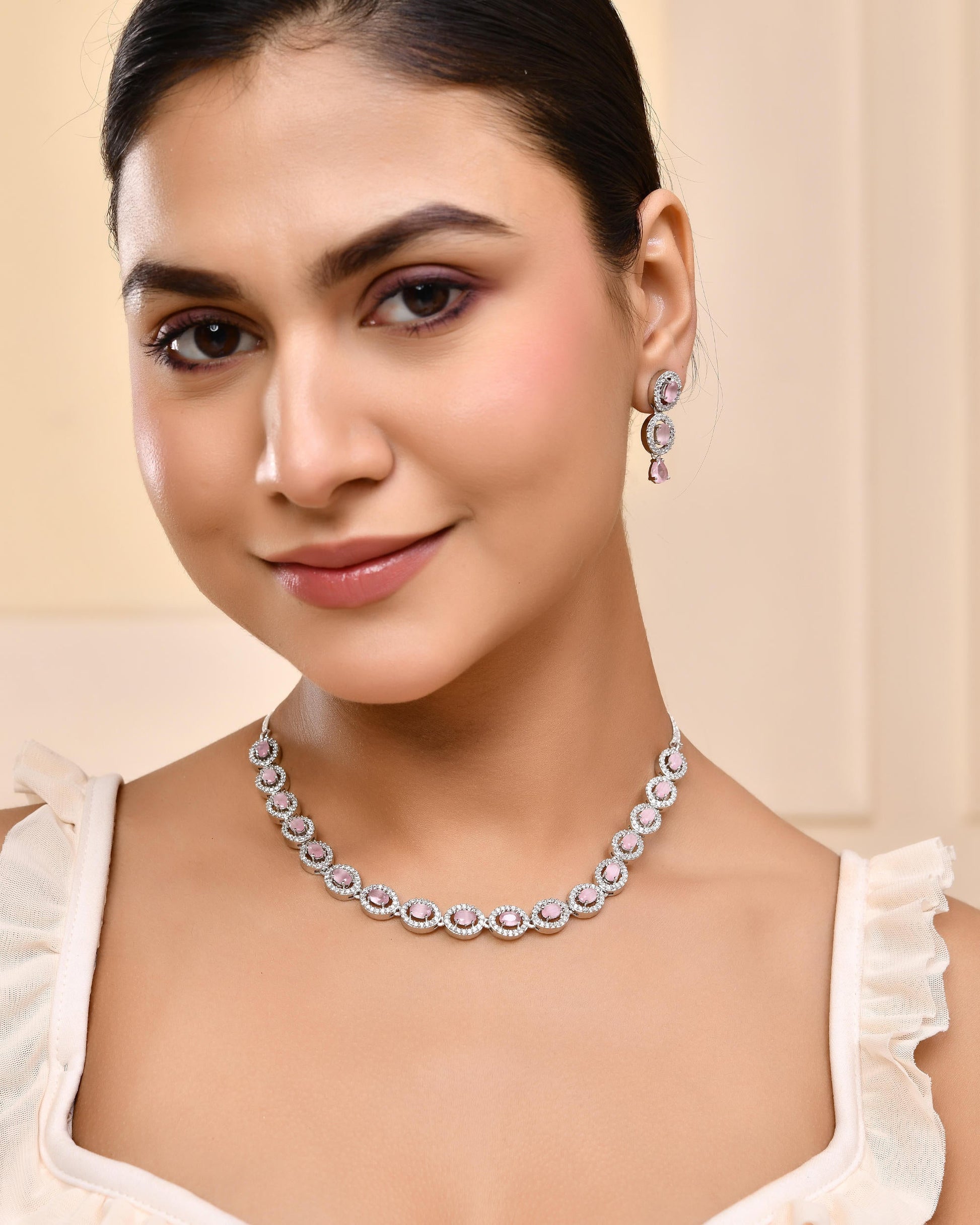 VOJ Silver Toned Baby Pink Stone Studded Circular AD Jewellery Set VOJ (Valley Of Jewellery)