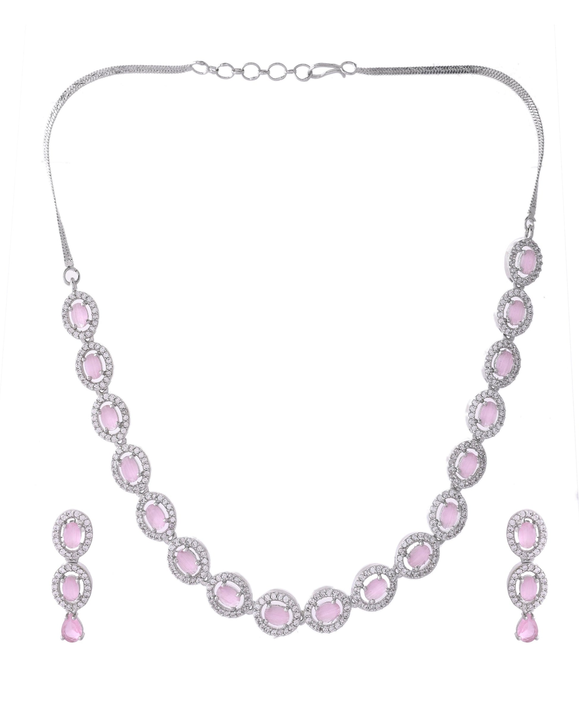 VOJ Silver Toned Baby Pink Stone Studded Circular AD Jewellery Set VOJ (Valley Of Jewellery)