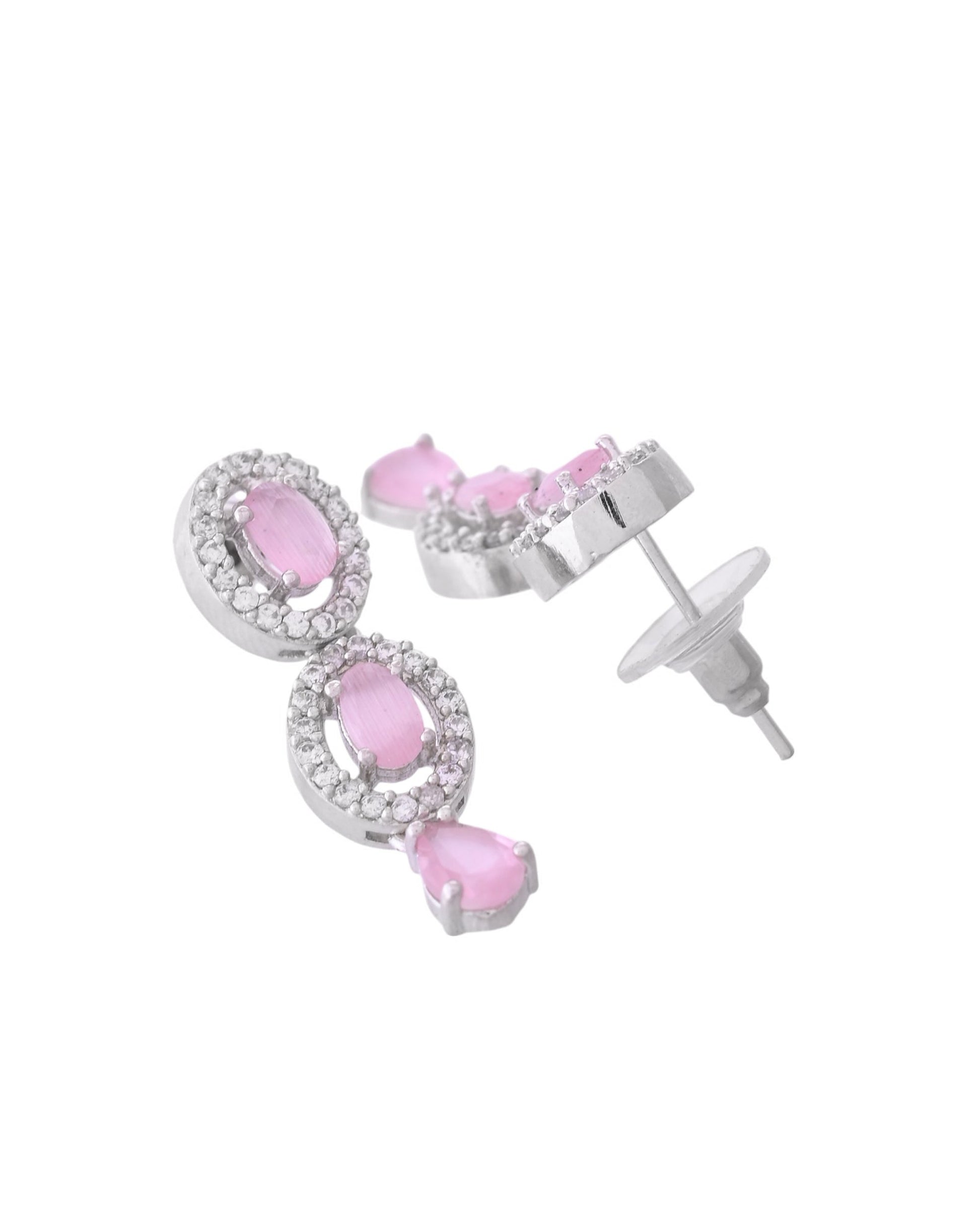 VOJ Silver Toned Baby Pink Stone Studded Circular AD Jewellery Set