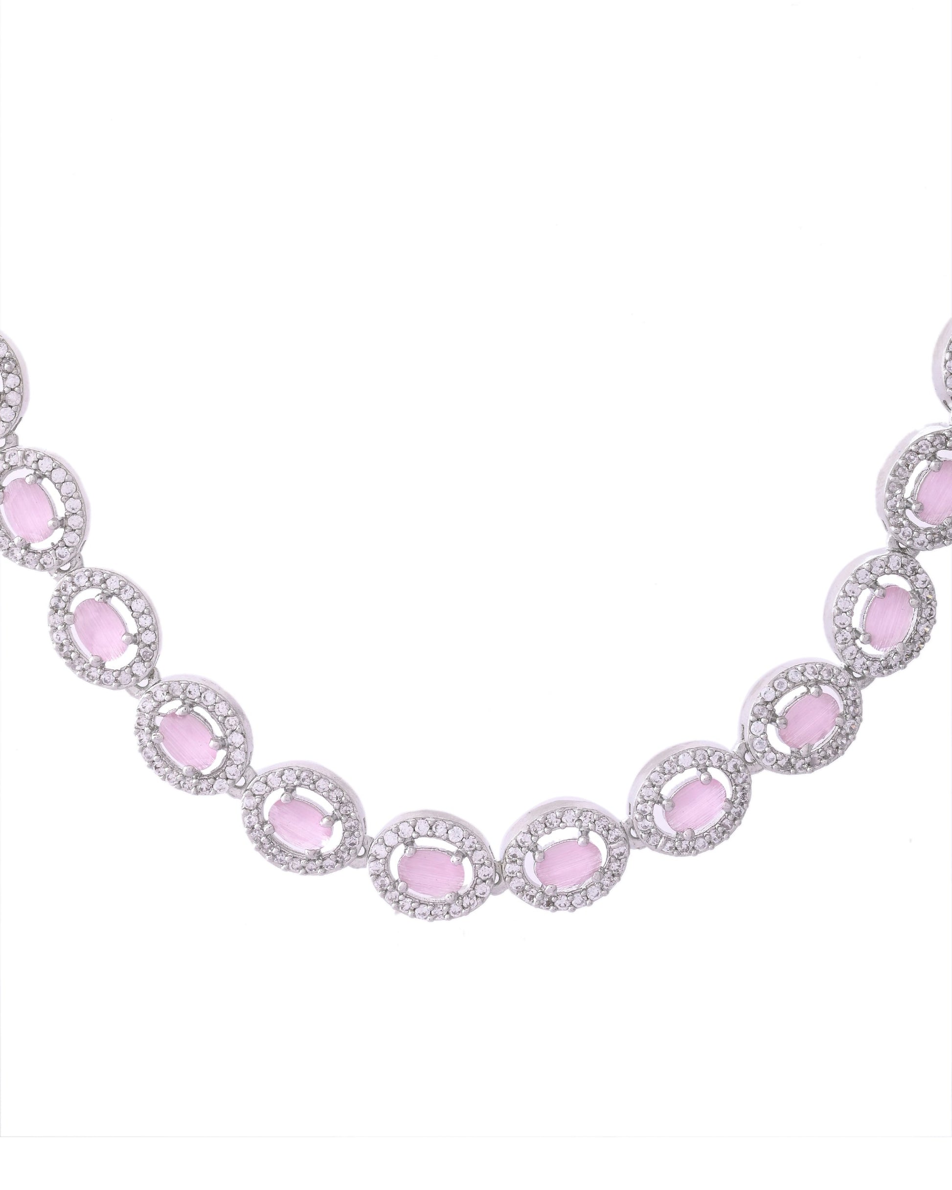 VOJ Silver Toned Baby Pink Stone Studded Circular AD Jewellery Set VOJ (Valley Of Jewellery)