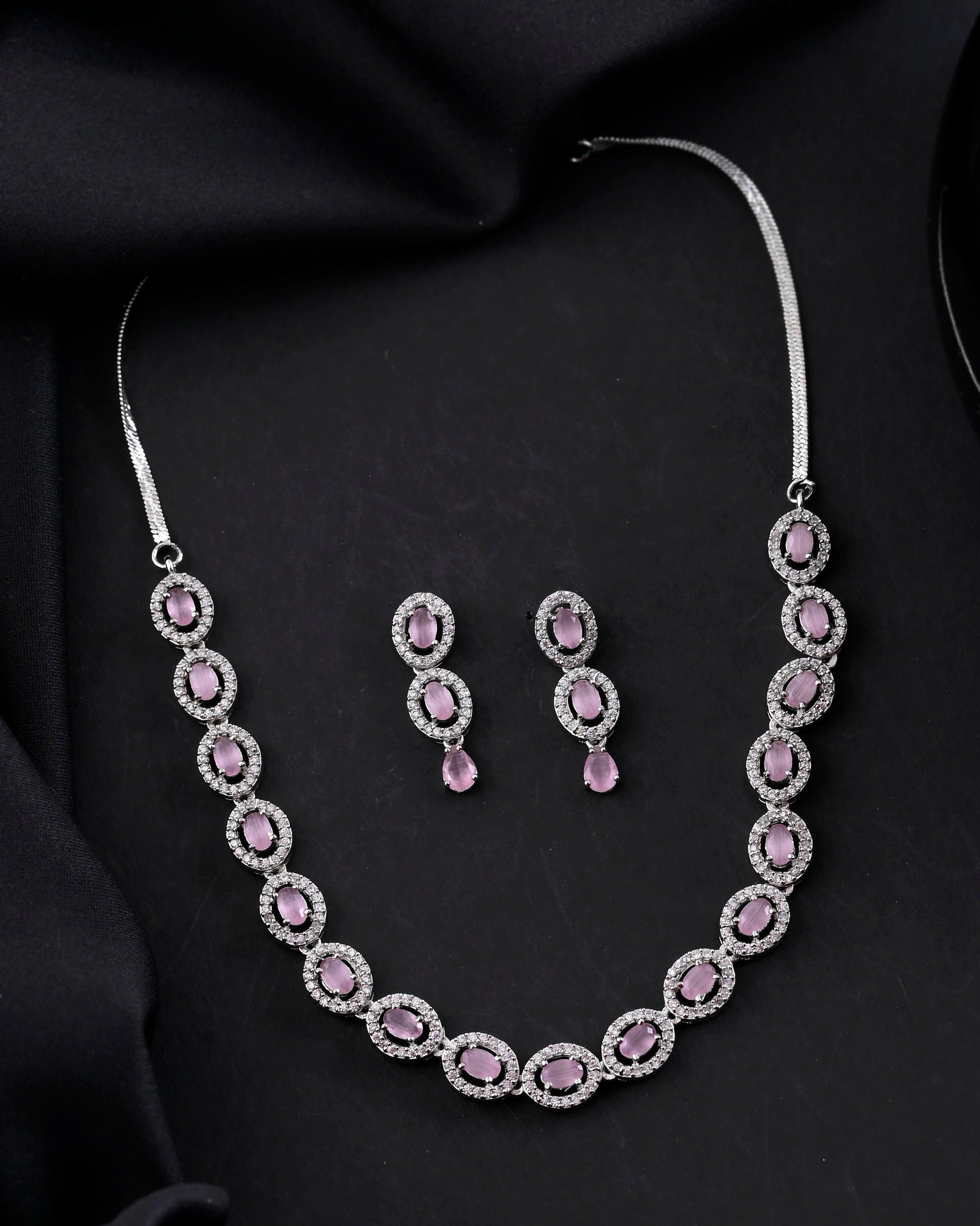 VOJ Silver Toned Baby Pink Stone Studded Circular AD Jewellery Set VOJ (Valley Of Jewellery)