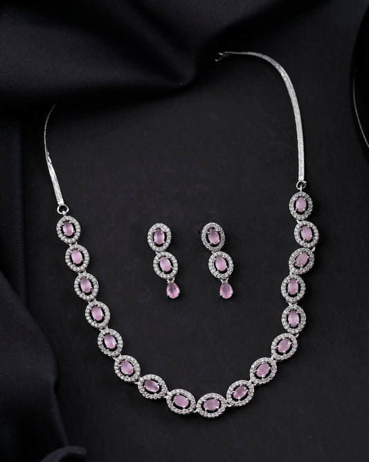 VOJ Silver Toned Baby Pink Stone Studded Circular AD Jewellery Set VOJ (Valley Of Jewellery)