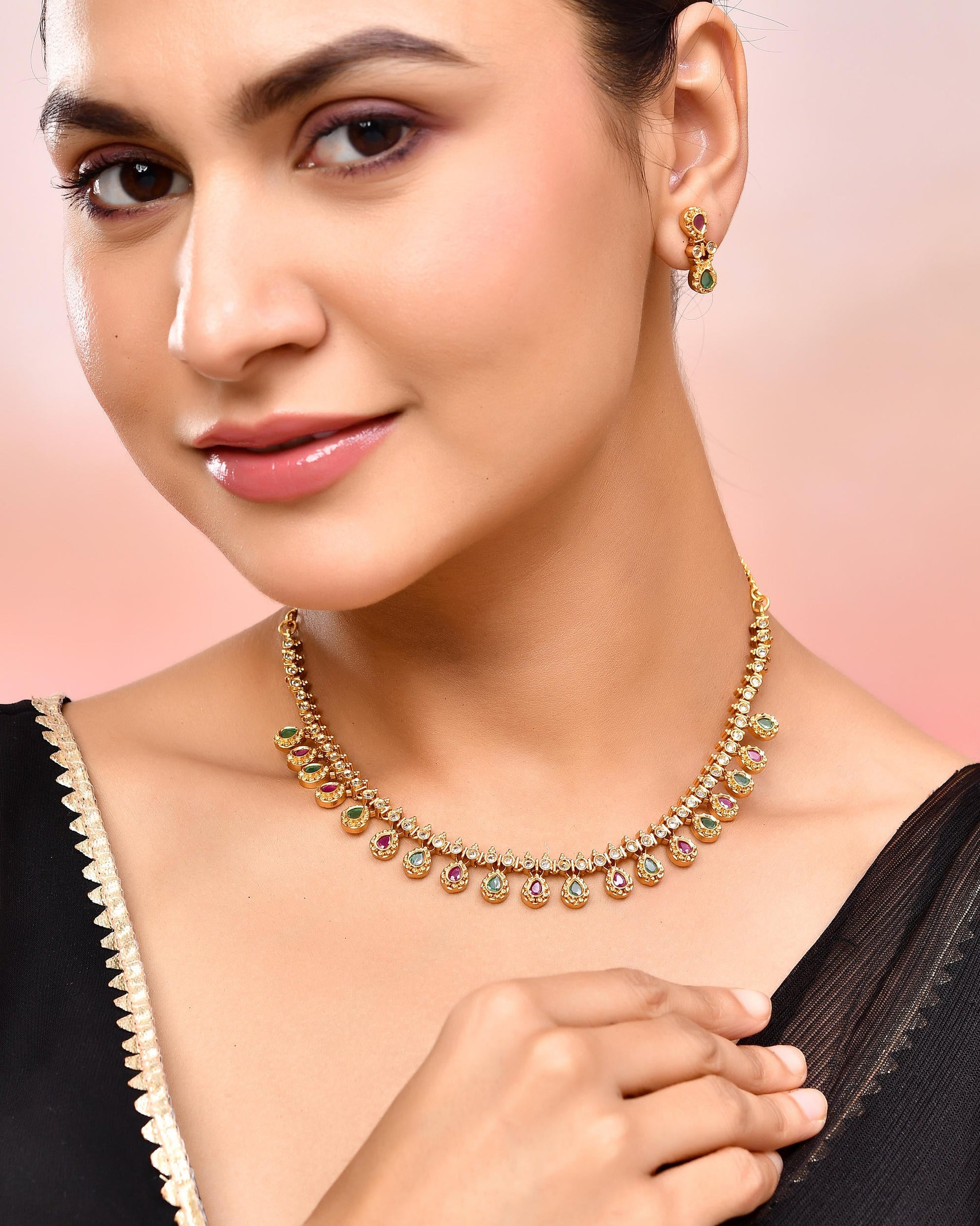 VOJ Gold Toned AD Stone Studded Classic Jewellery Set VOJ (Valley Of Jewellery)