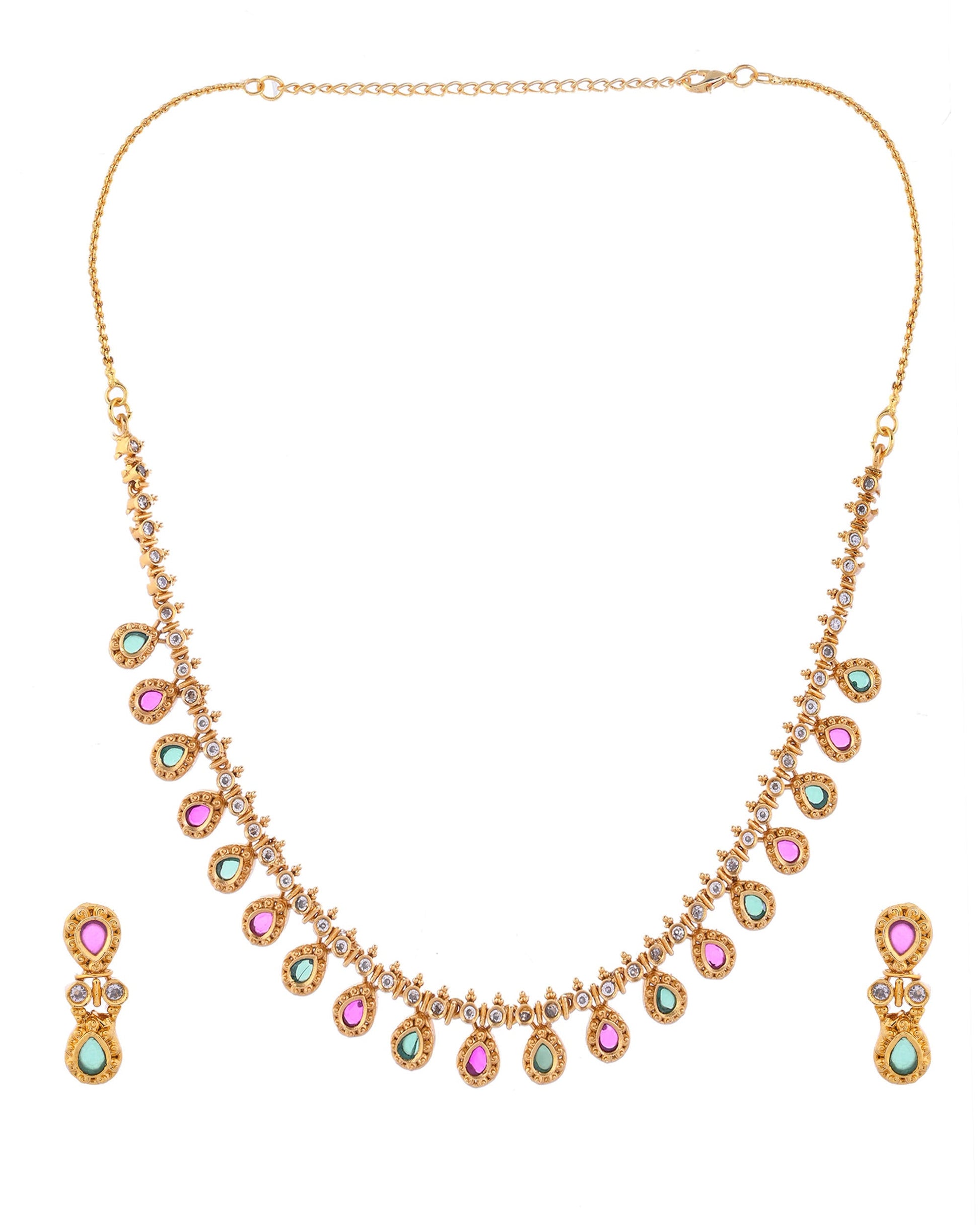 VOJ Gold Toned AD Stone Studded Classic Jewellery Set VOJ (Valley Of Jewellery)