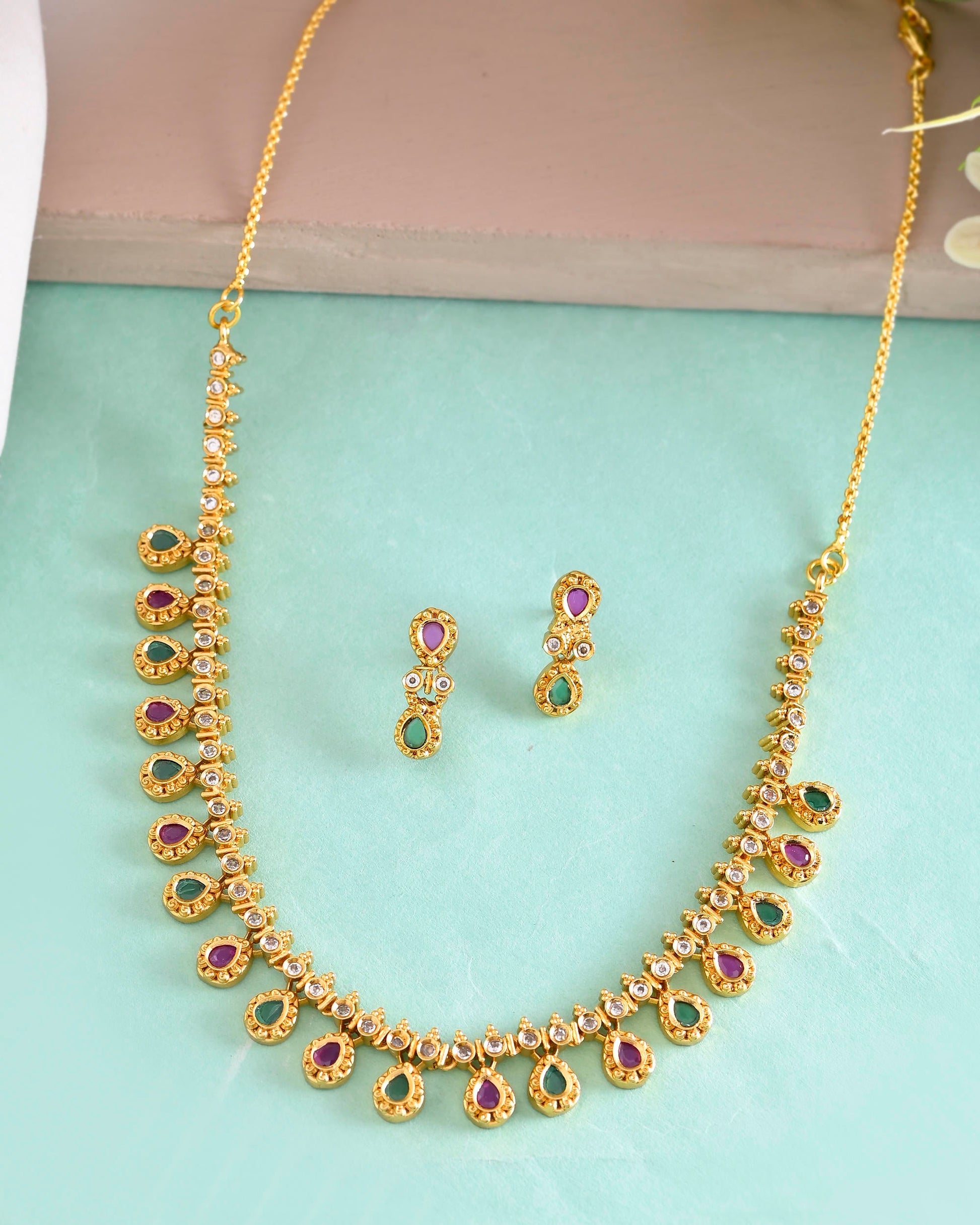 VOJ Gold Toned AD Stone Studded Classic Jewellery Set VOJ (Valley Of Jewellery)