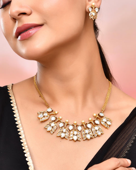 VOJ Gold-Polished Floral Shaped Stone Studded Designer Jewellery Set VOJ (Valley Of Jewellery)