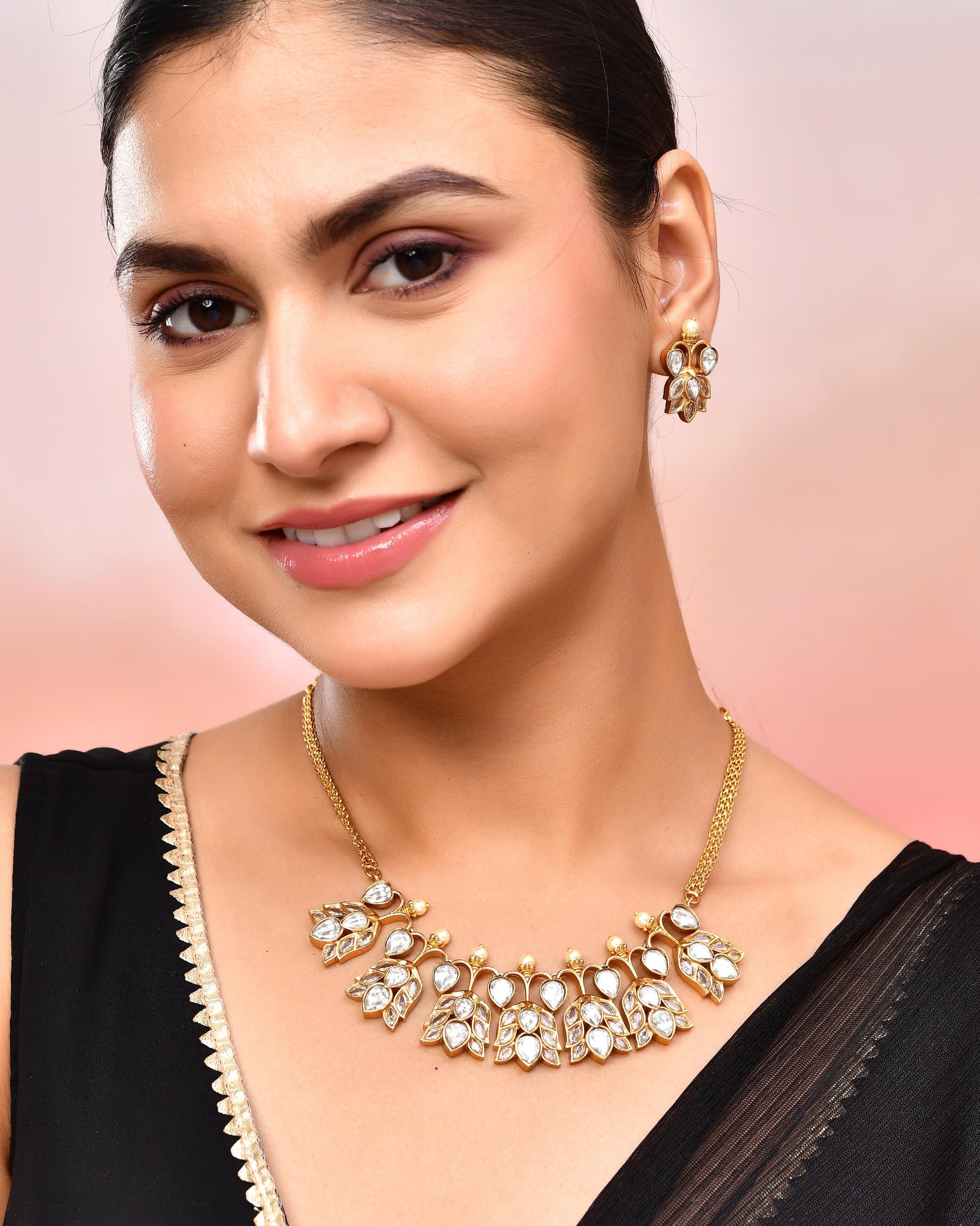 VOJ Gold-Polished Floral Shaped Stone Studded Designer Jewellery Set VOJ (Valley Of Jewellery)