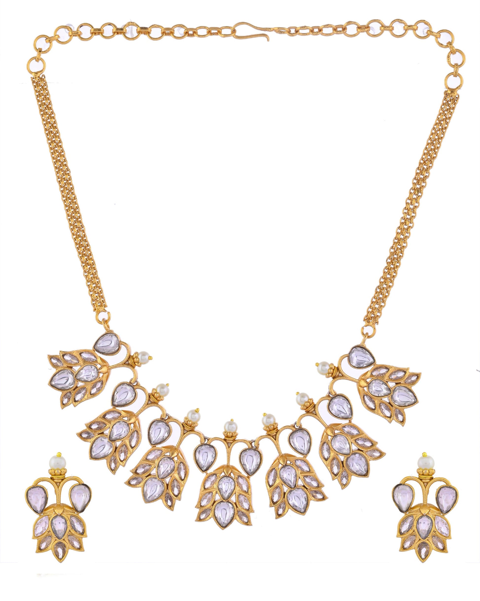 VOJ Gold-Polished Floral Shaped Stone Studded Designer Jewellery Set VOJ (Valley Of Jewellery)