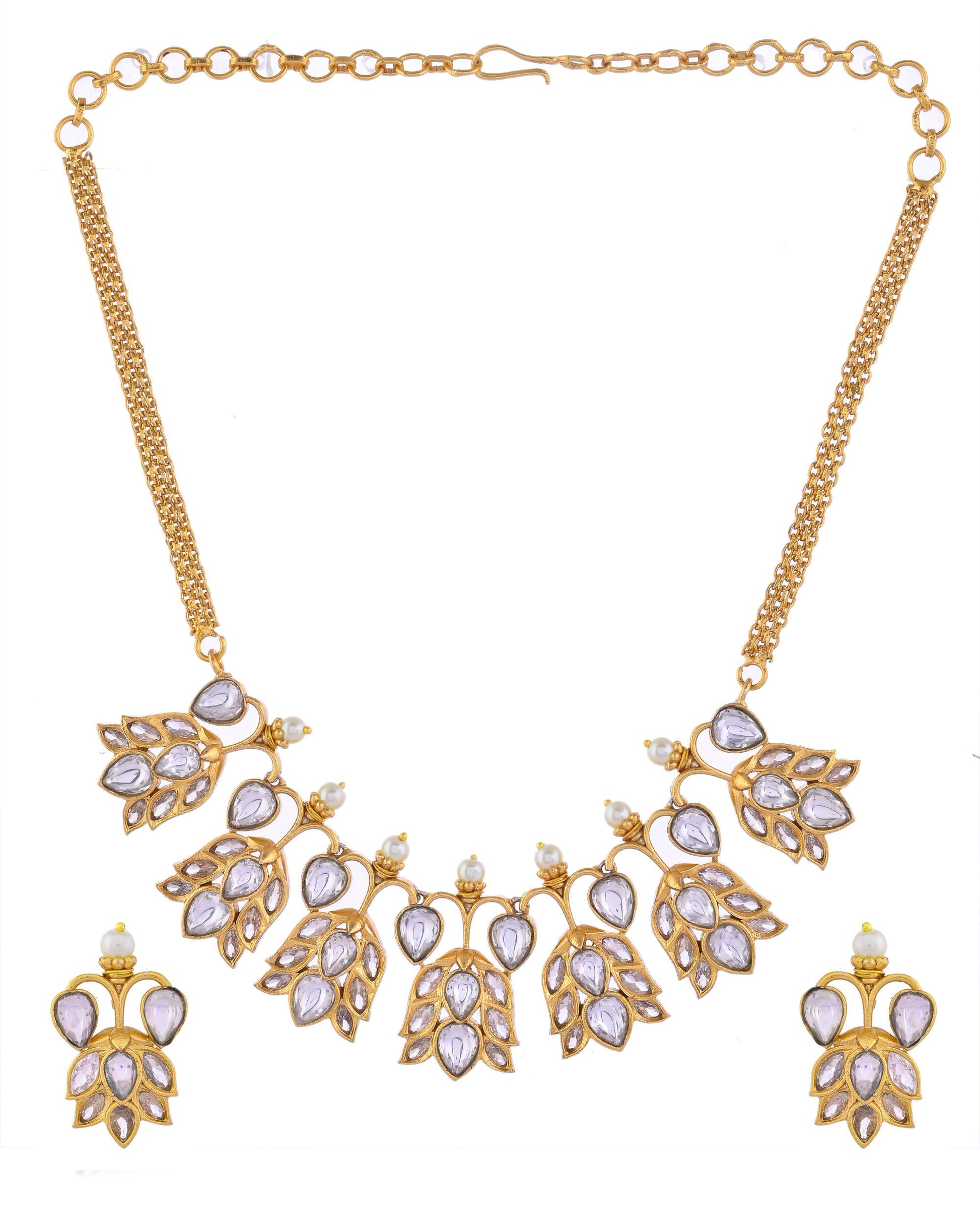 VOJ Gold-Polished Floral Shaped Stone Studded Designer Jewellery Set - Swadesiicart