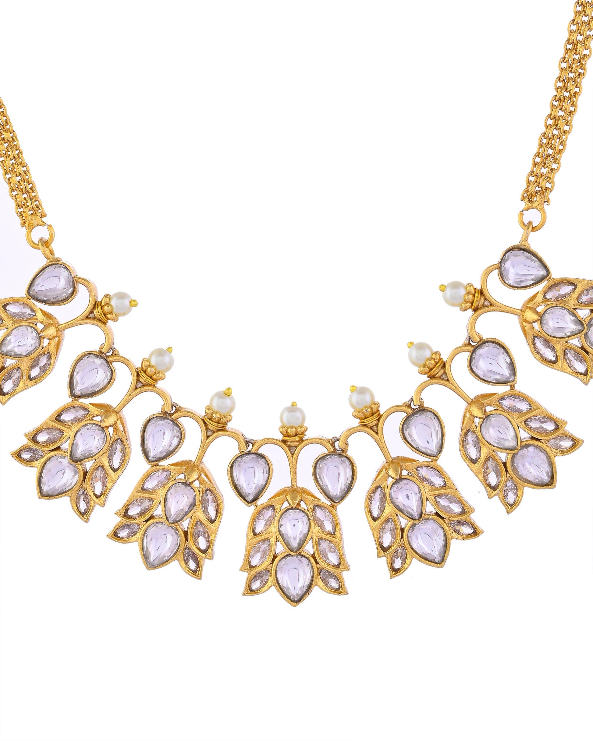 VOJ Gold-Polished Floral Shaped Stone Studded Designer Jewellery Set VOJ (Valley Of Jewellery)