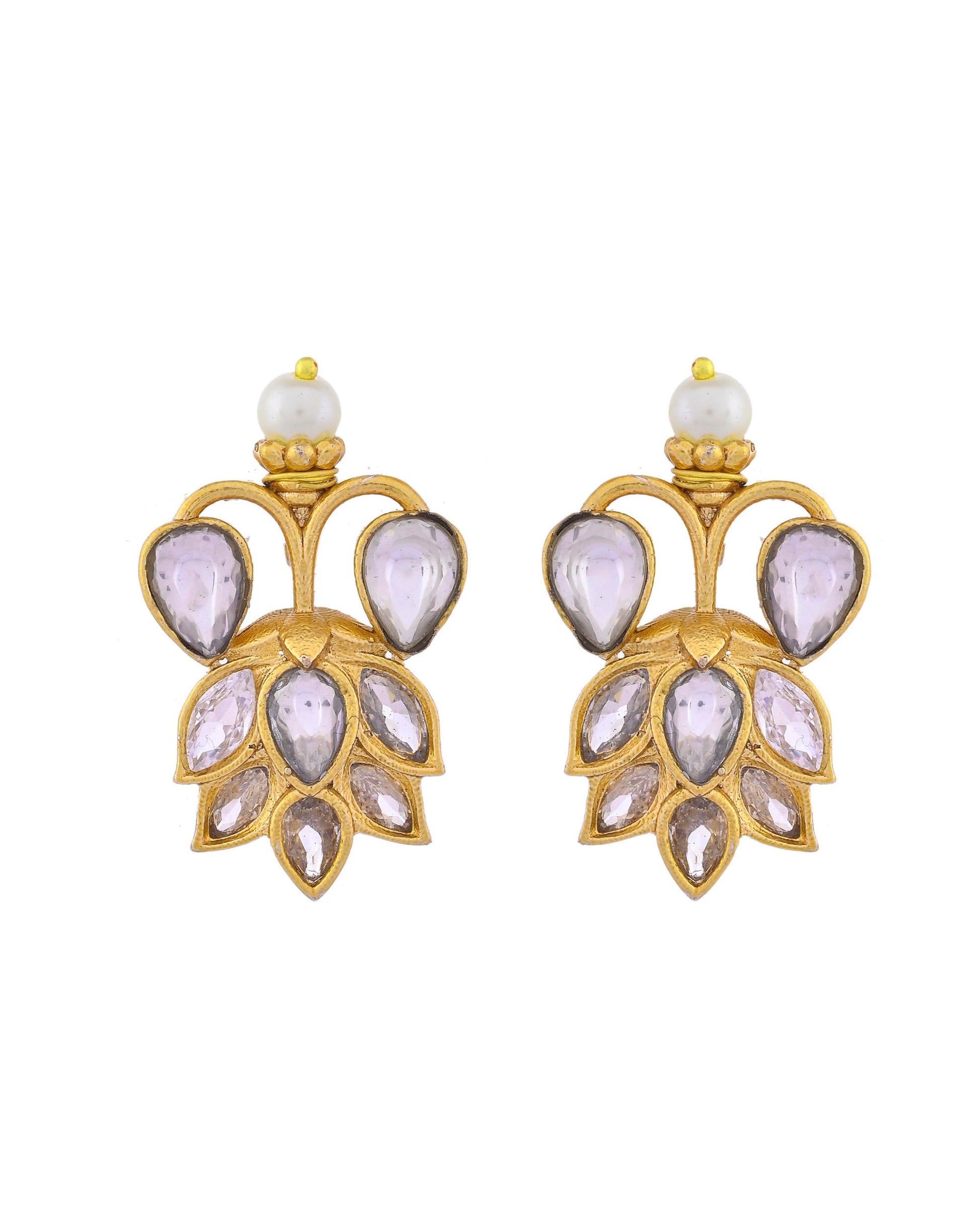 VOJ Gold-Polished Floral Shaped Stone Studded Designer Jewellery Set VOJ (Valley Of Jewellery)