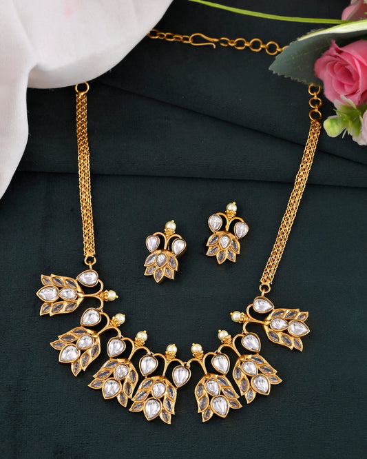VOJ Gold-Polished Floral Shaped Stone Studded Designer Jewellery Set VOJ (Valley Of Jewellery)