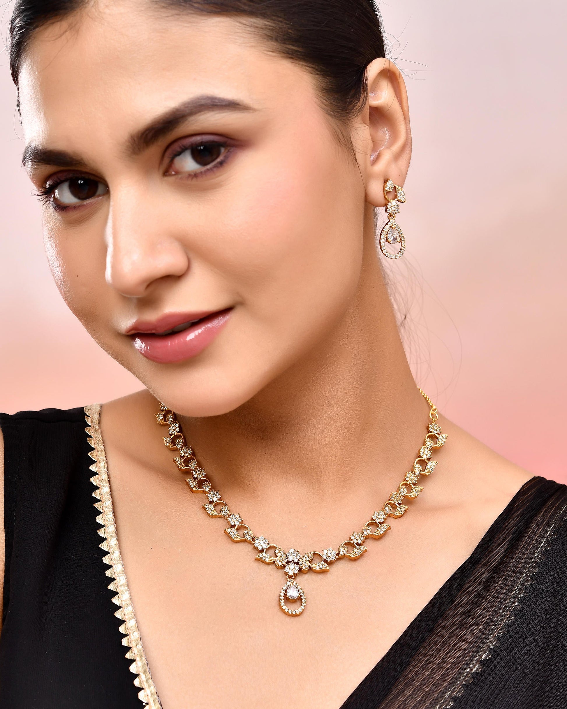 VOJ Gold-Polished Floral Shaped AD Studded Elgent Jewellery Set VOJ (Valley Of Jewellery)