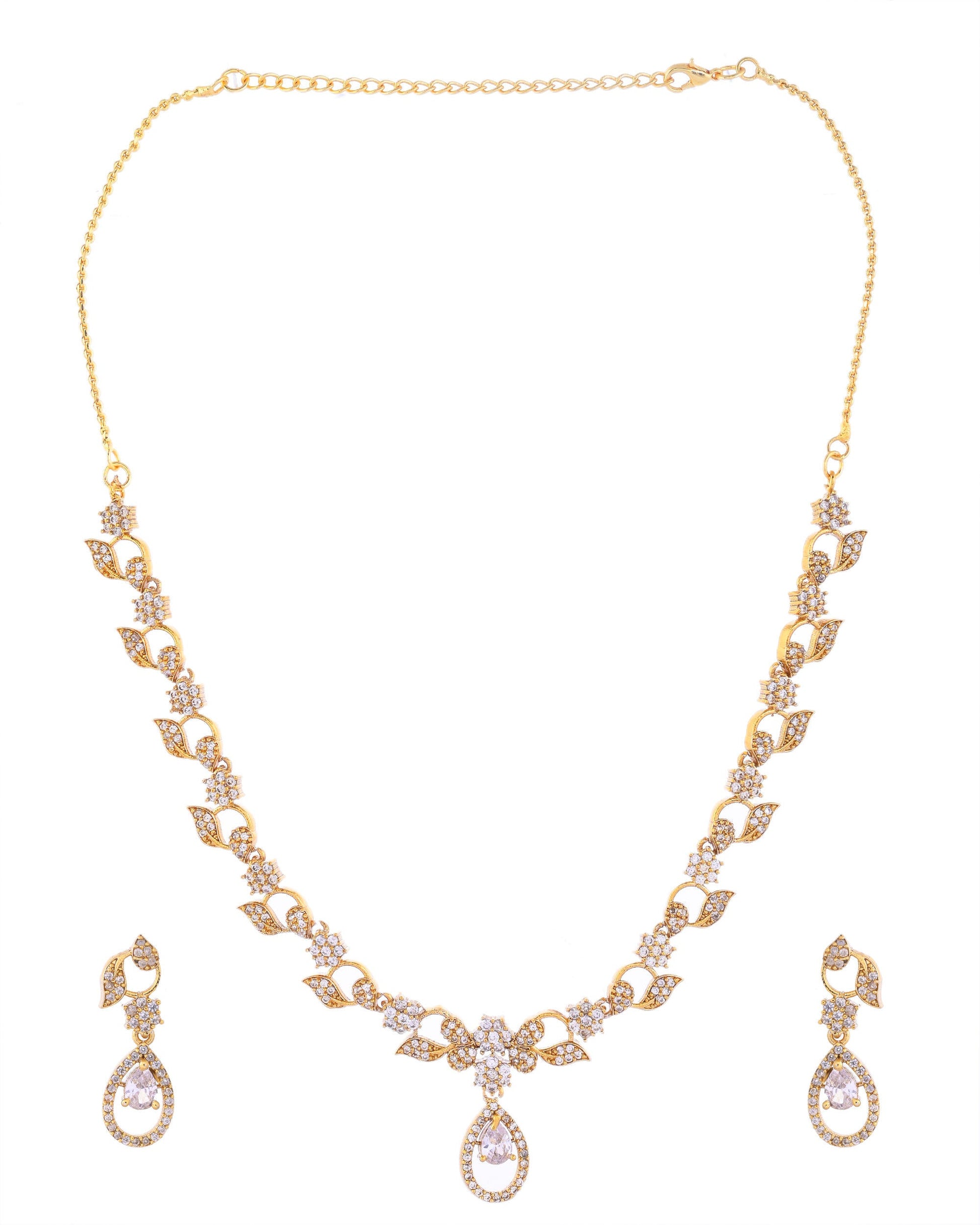 VOJ Gold-Polished Floral Shaped AD Studded Elgent Jewellery Set VOJ (Valley Of Jewellery)