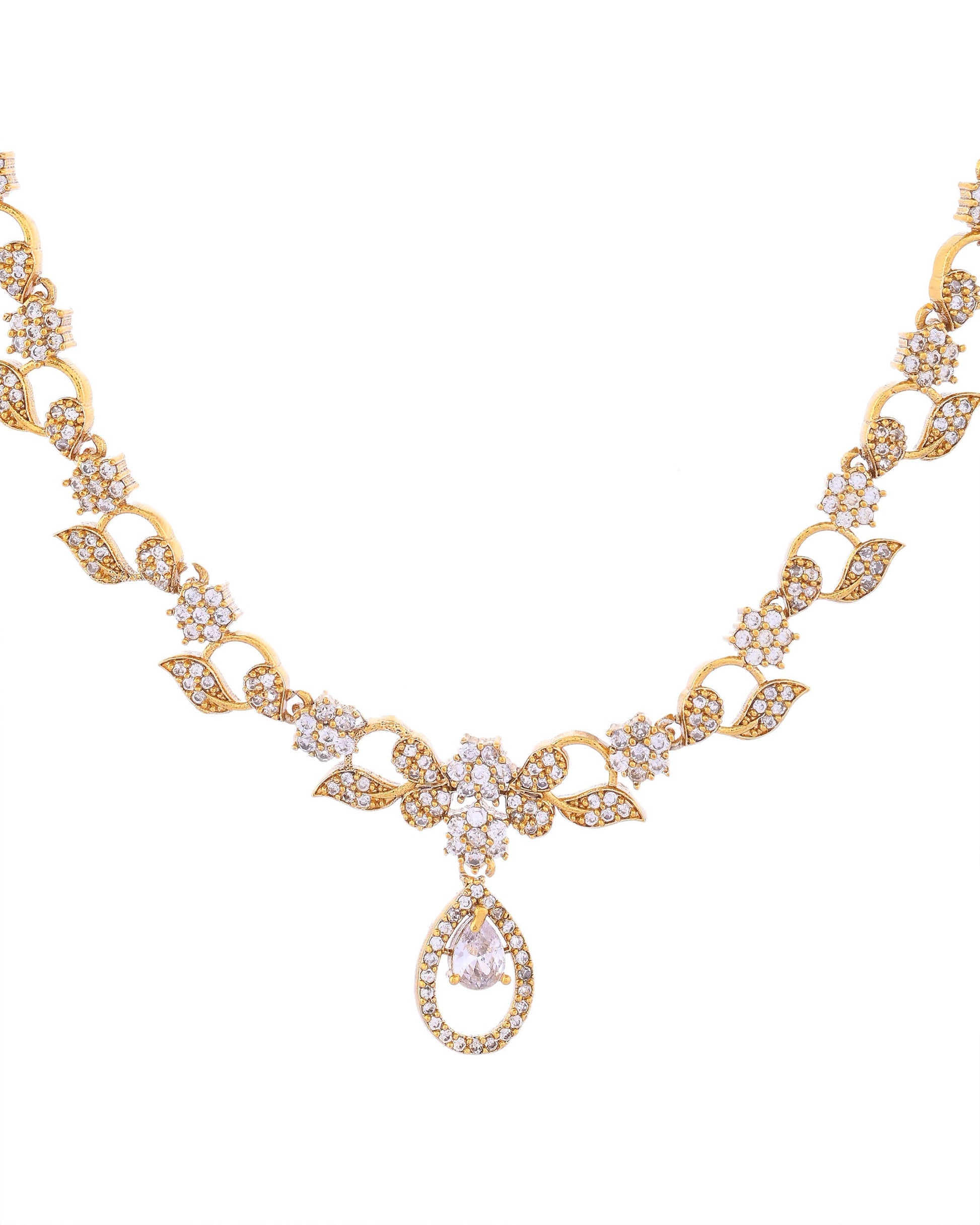 VOJ Gold-Polished Floral Shaped AD Studded Elgent Jewellery Set VOJ (Valley Of Jewellery)