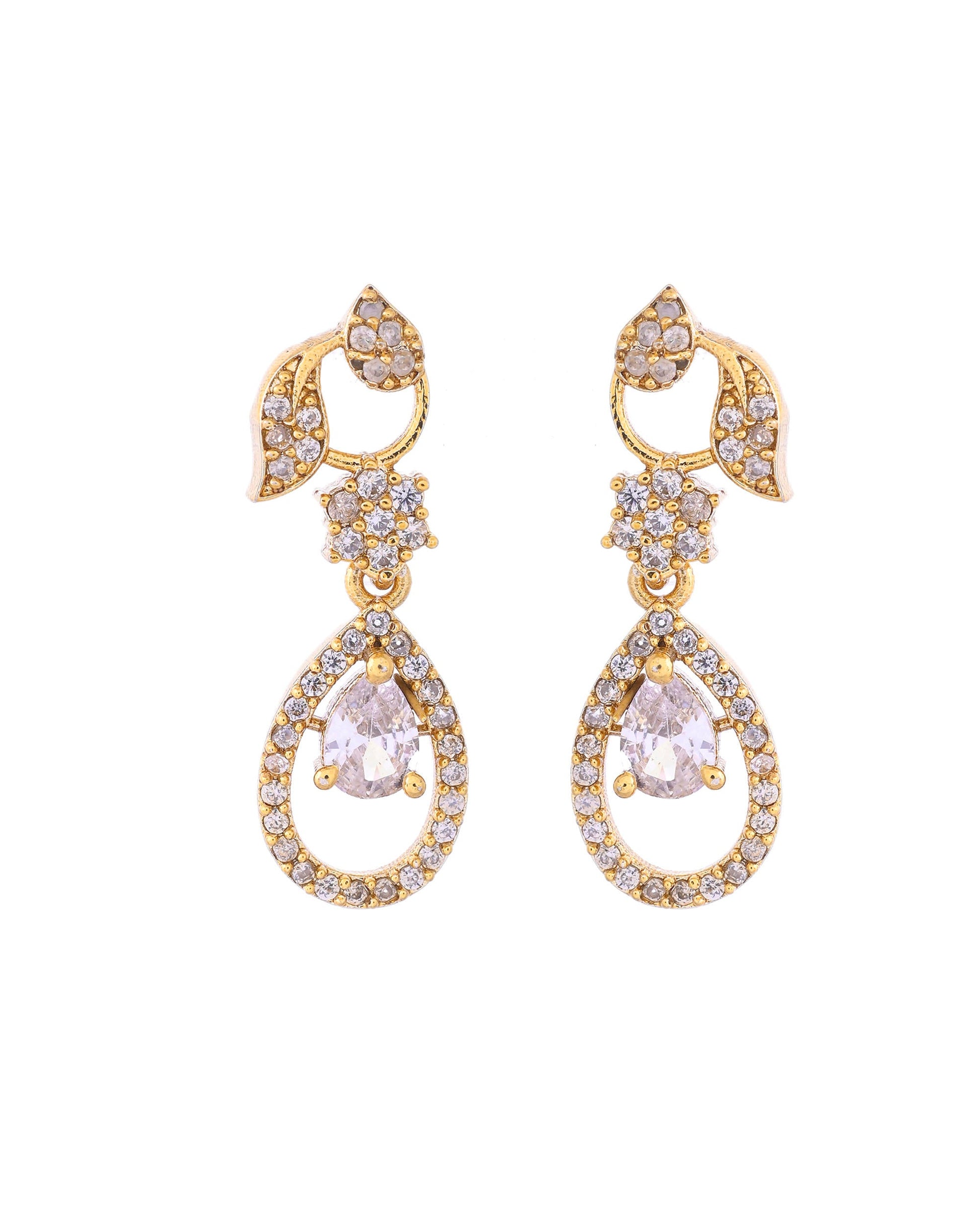 VOJ Gold-Polished Floral Shaped AD Studded Elgent Jewellery Set VOJ (Valley Of Jewellery)