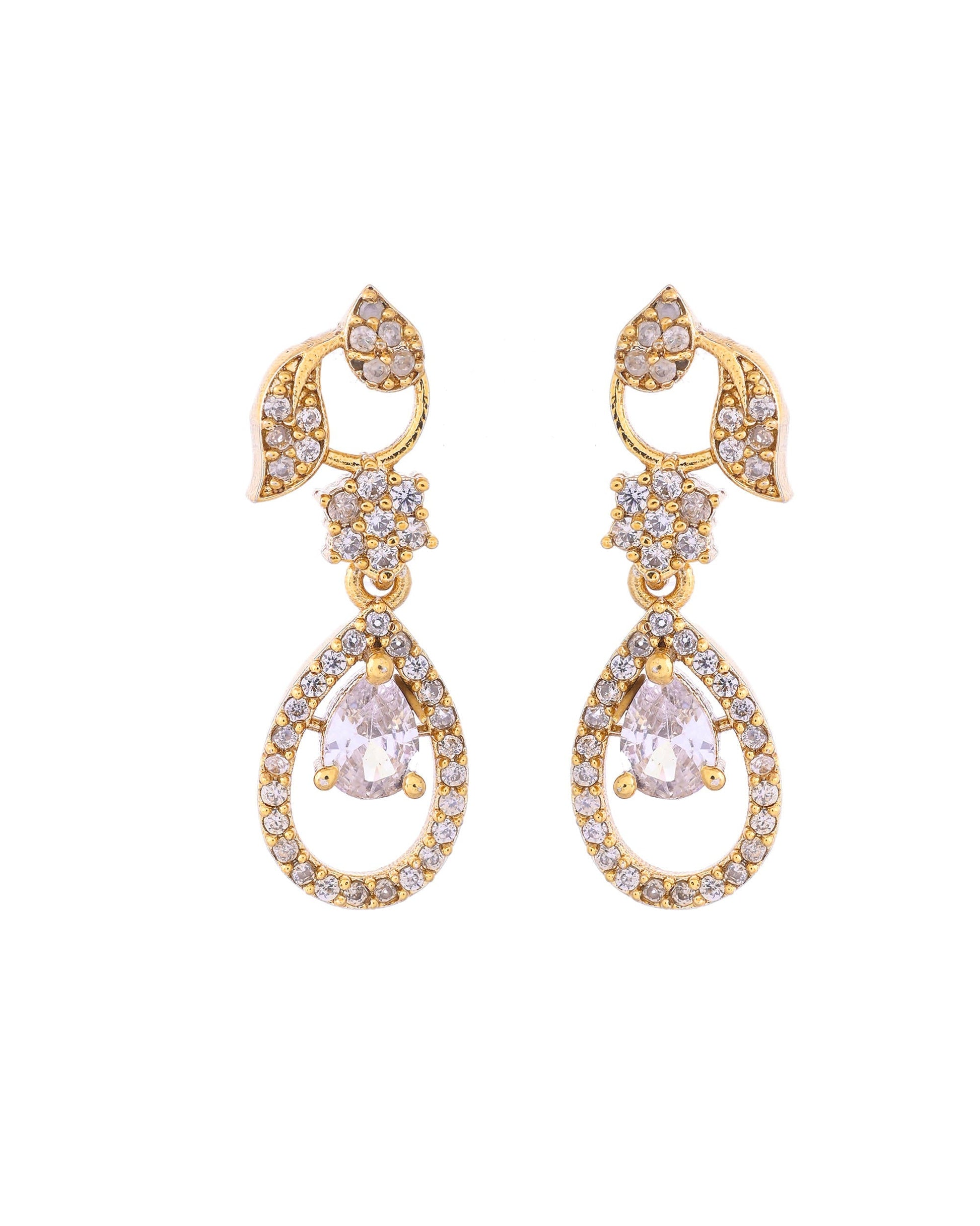 VOJ Gold-Polished Floral Shaped AD Studded Elgent Jewellery Set - Swadesiicart