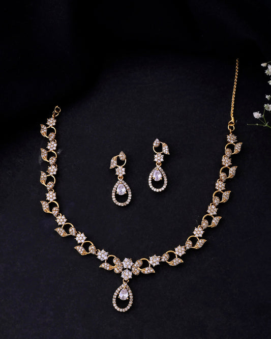 VOJ Gold-Polished Floral Shaped AD Studded Elgent Jewellery Set VOJ (Valley Of Jewellery)