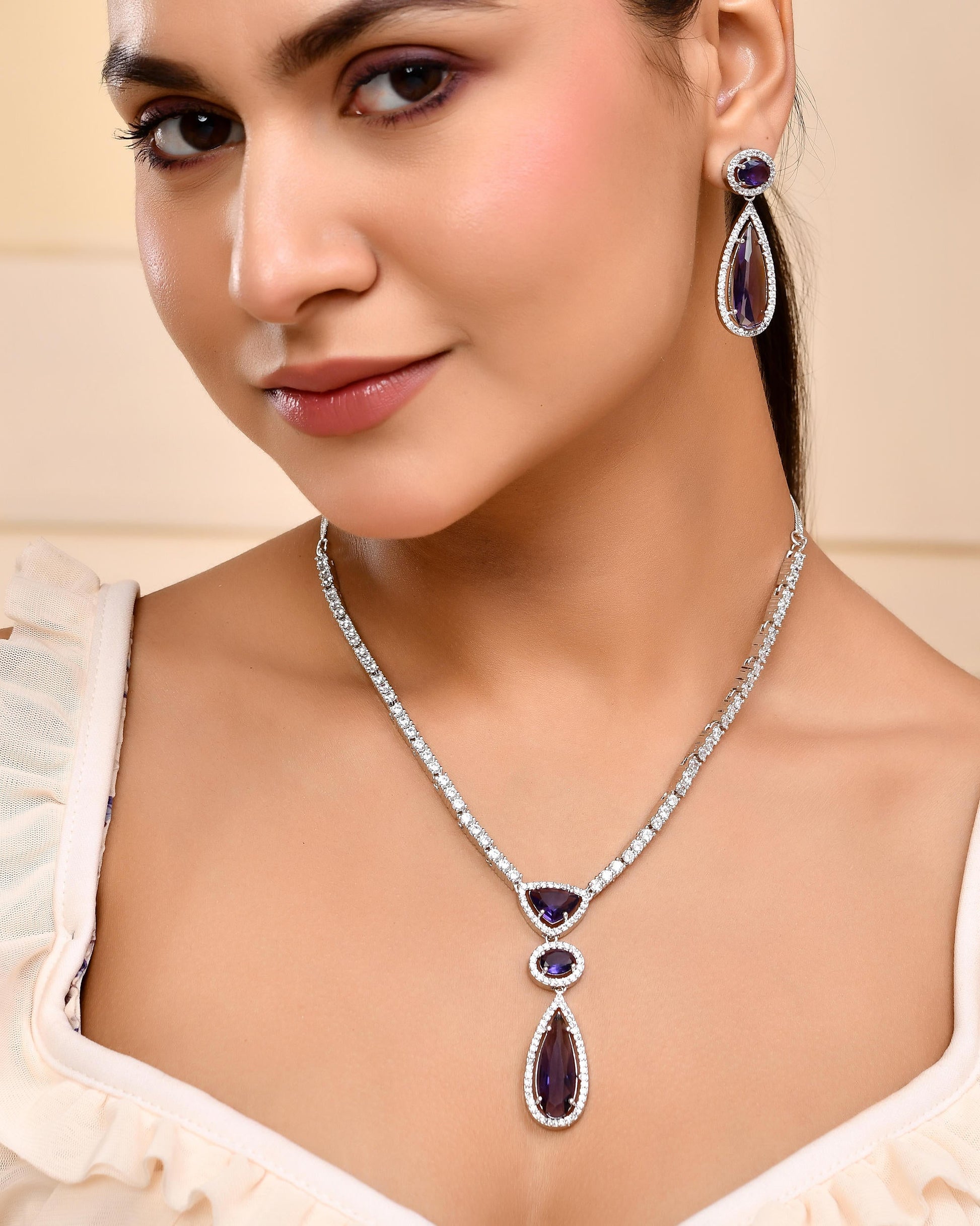 VOJ Silver Plated Purple AD & Cubic Zirconia Studded Necklace Set VOJ (Valley Of Jewellery)